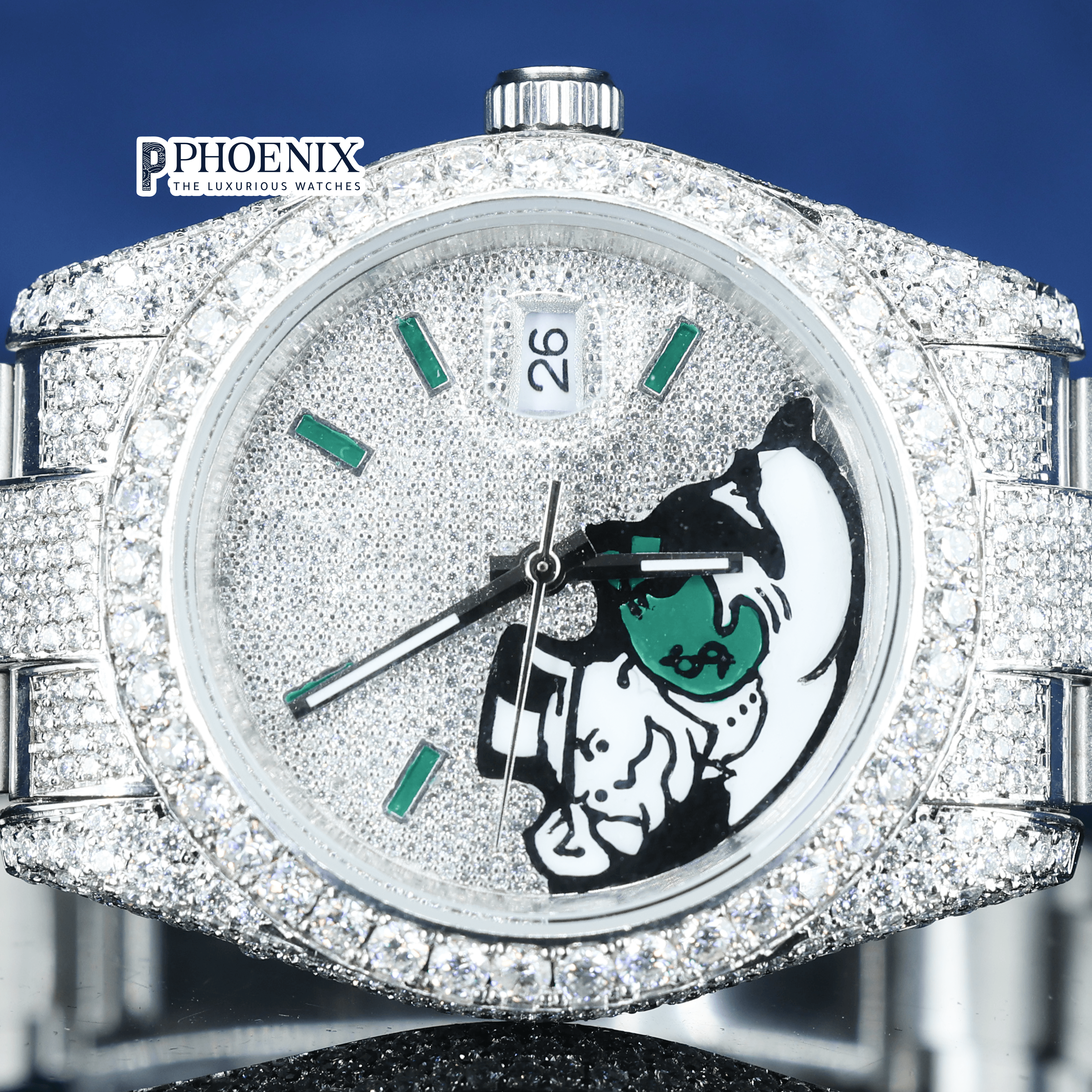 Diamond Bezel Silver Roman Dial Green Stick Markers Full Iced Out Moissanite Watch
