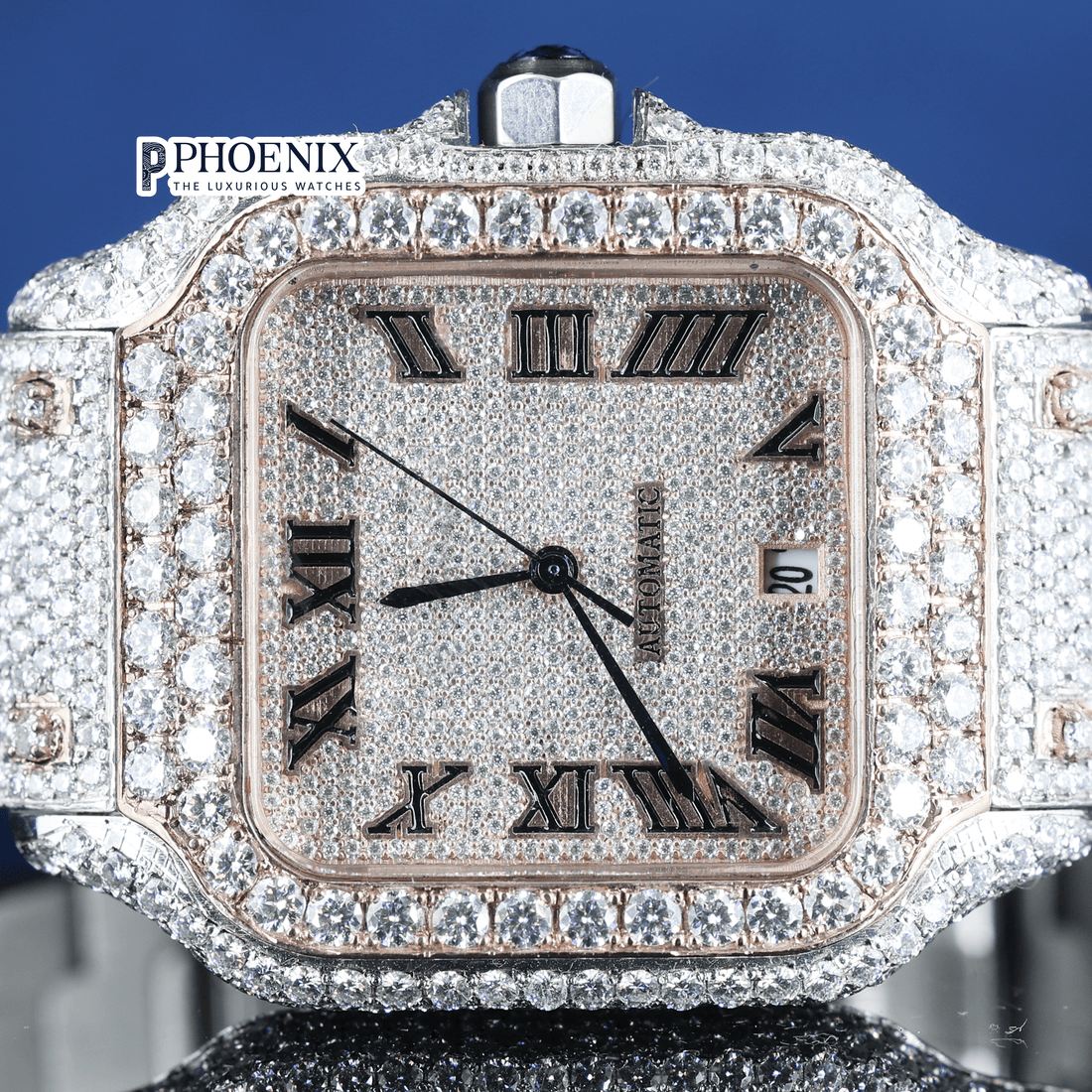 Fully Iced Black Roman Numerals Rose White Dial Moissanite Diamond Cartier Watch