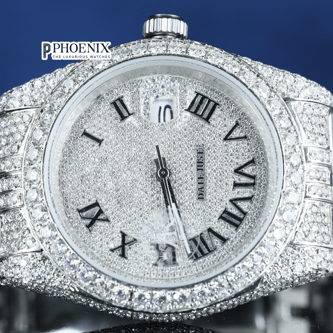 Fully Iced Out White Dial Roman Black Numerals Moissanite Rolex Watch
