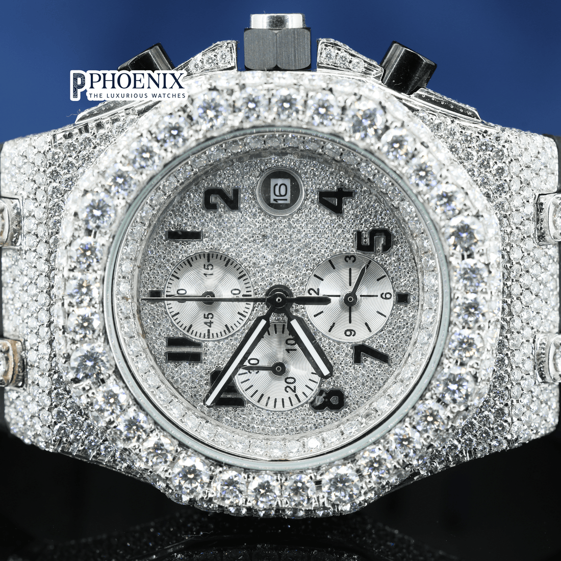 Semi Iced Out White Dial Standard Numerals Chronograph Moissanite AP Watch
