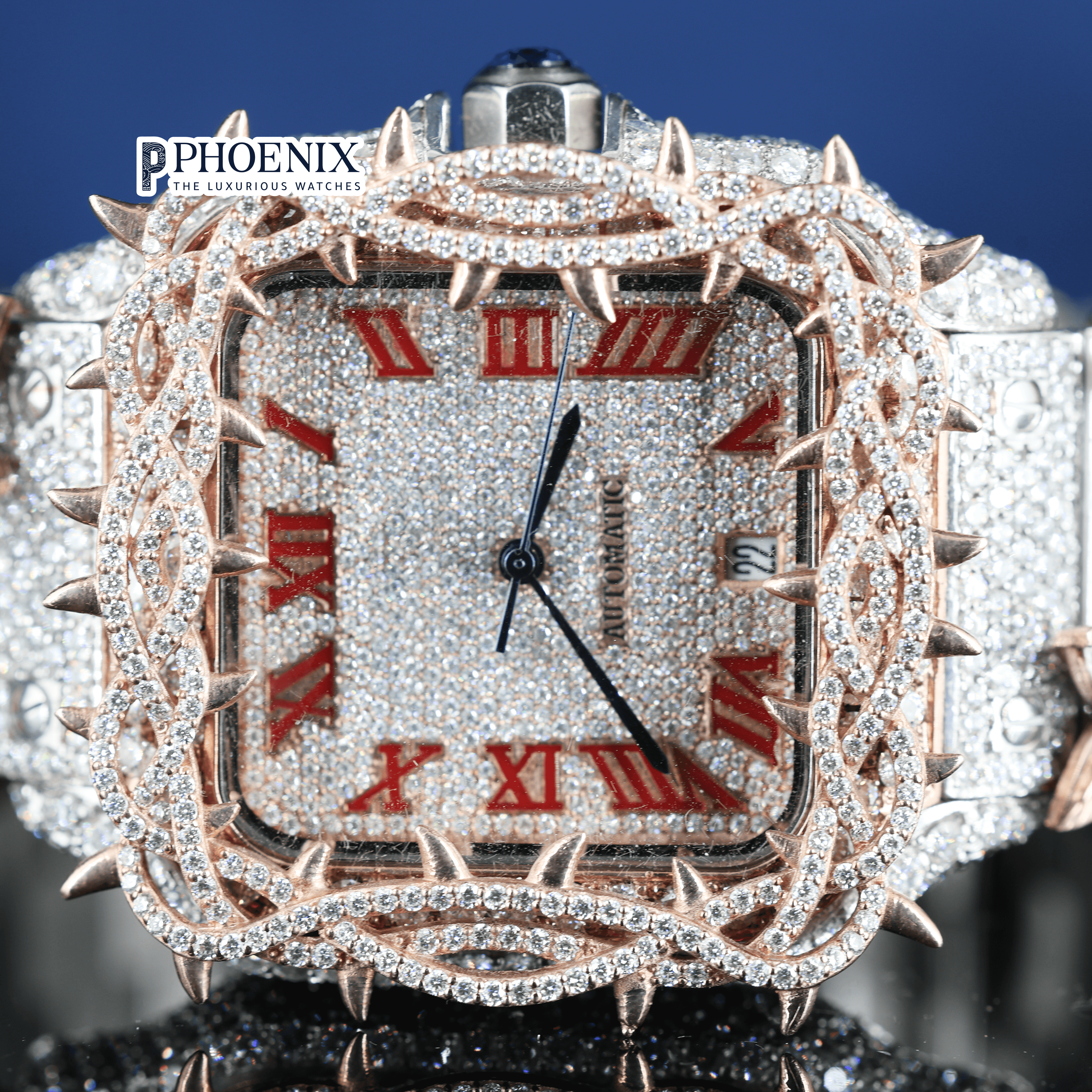 Rose Gold Roman Dial Thorn Bezel Two Tone Moissanite Diamond Cartier Watch