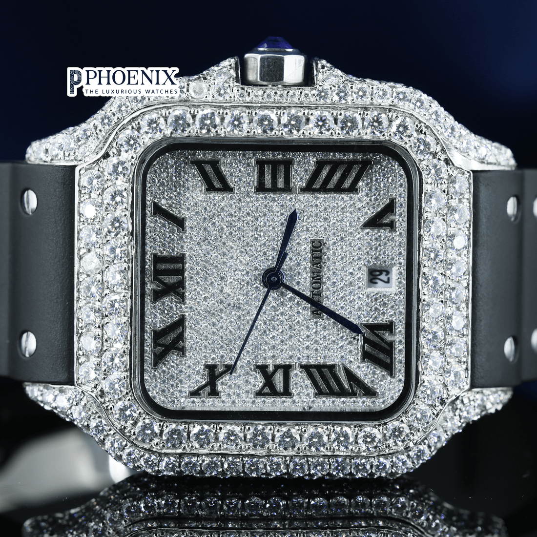 White Dial Black Roman Numerals Black Leather Strap Moissanite Diamond Cartier Watch