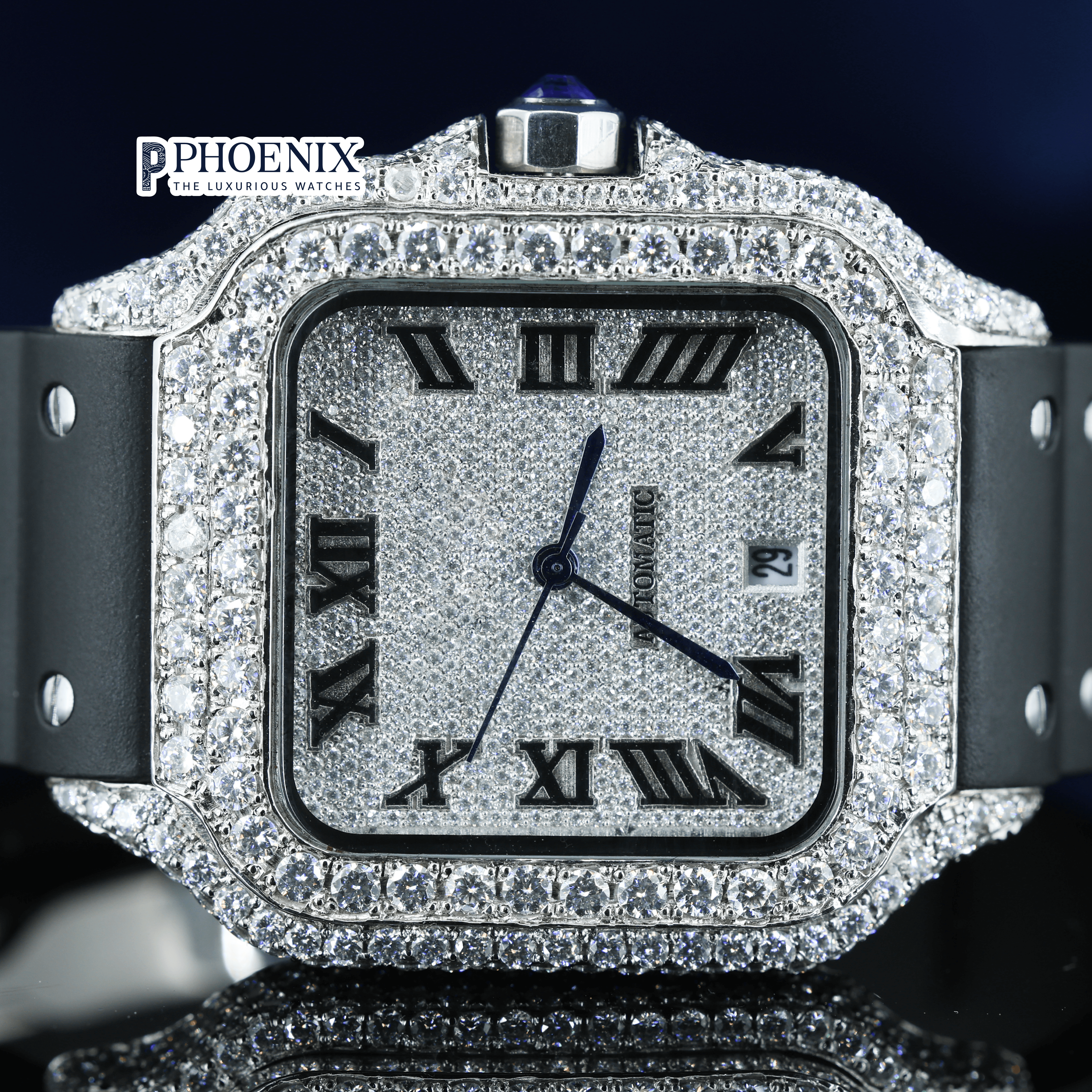 White Dial Black Roman Numerals Black Leather Strap Moissanite Diamond Cartier Watch