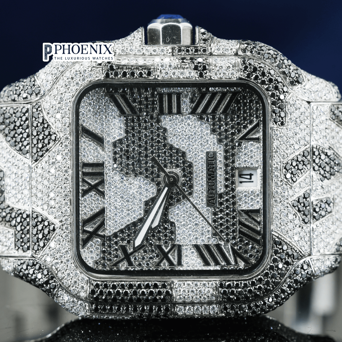Roman Dial Black Camouflage Iced Out Strap Moissanite Cartier Watch