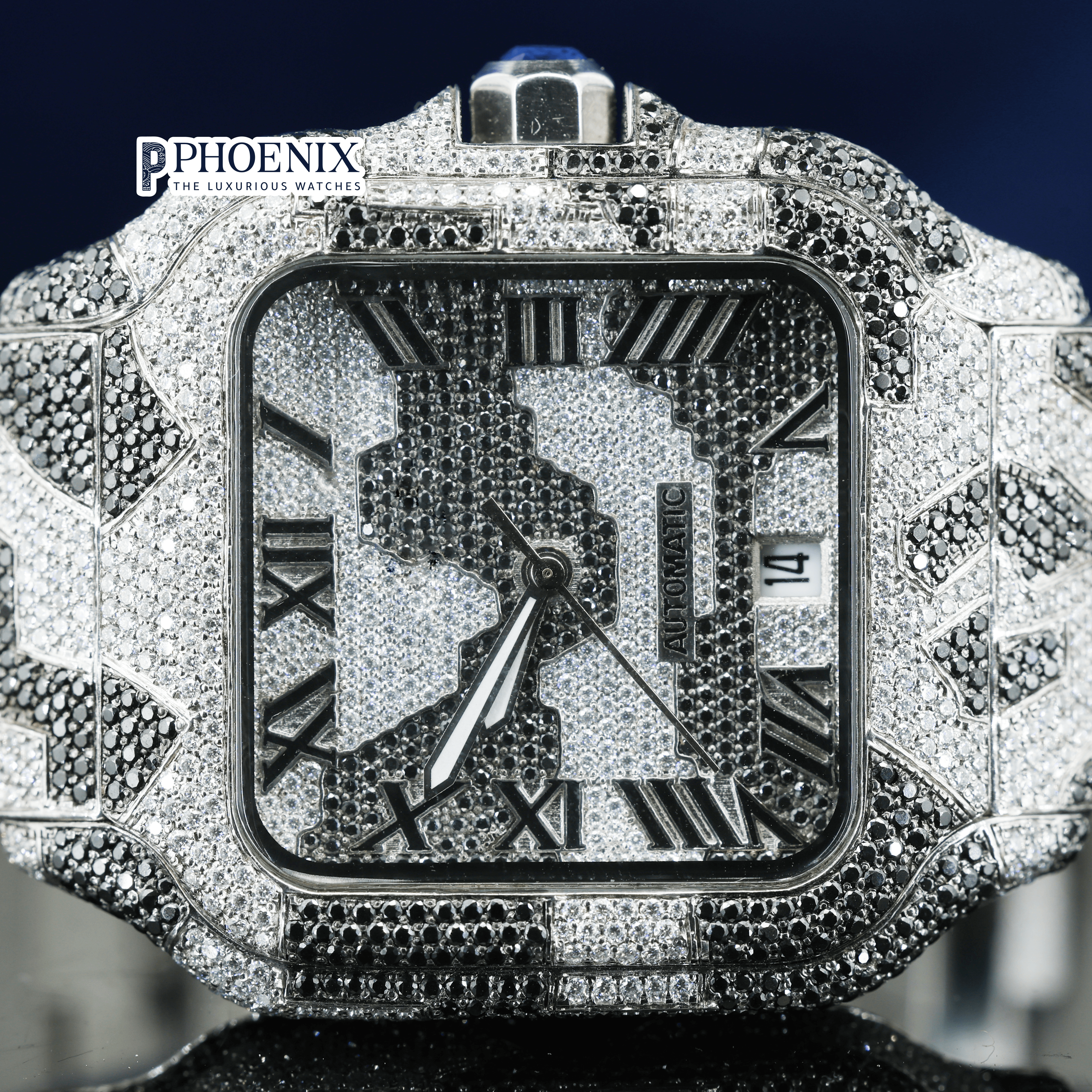 Roman Dial Black Camouflage Iced Out Strap Moissanite Cartier Watch