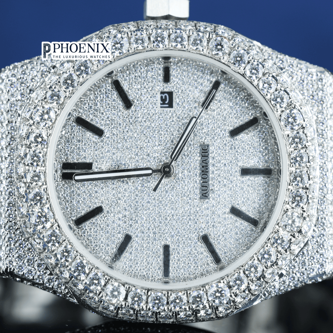 Black Stick Dial White Gold Fully Iced Out Moissanite AP Watch