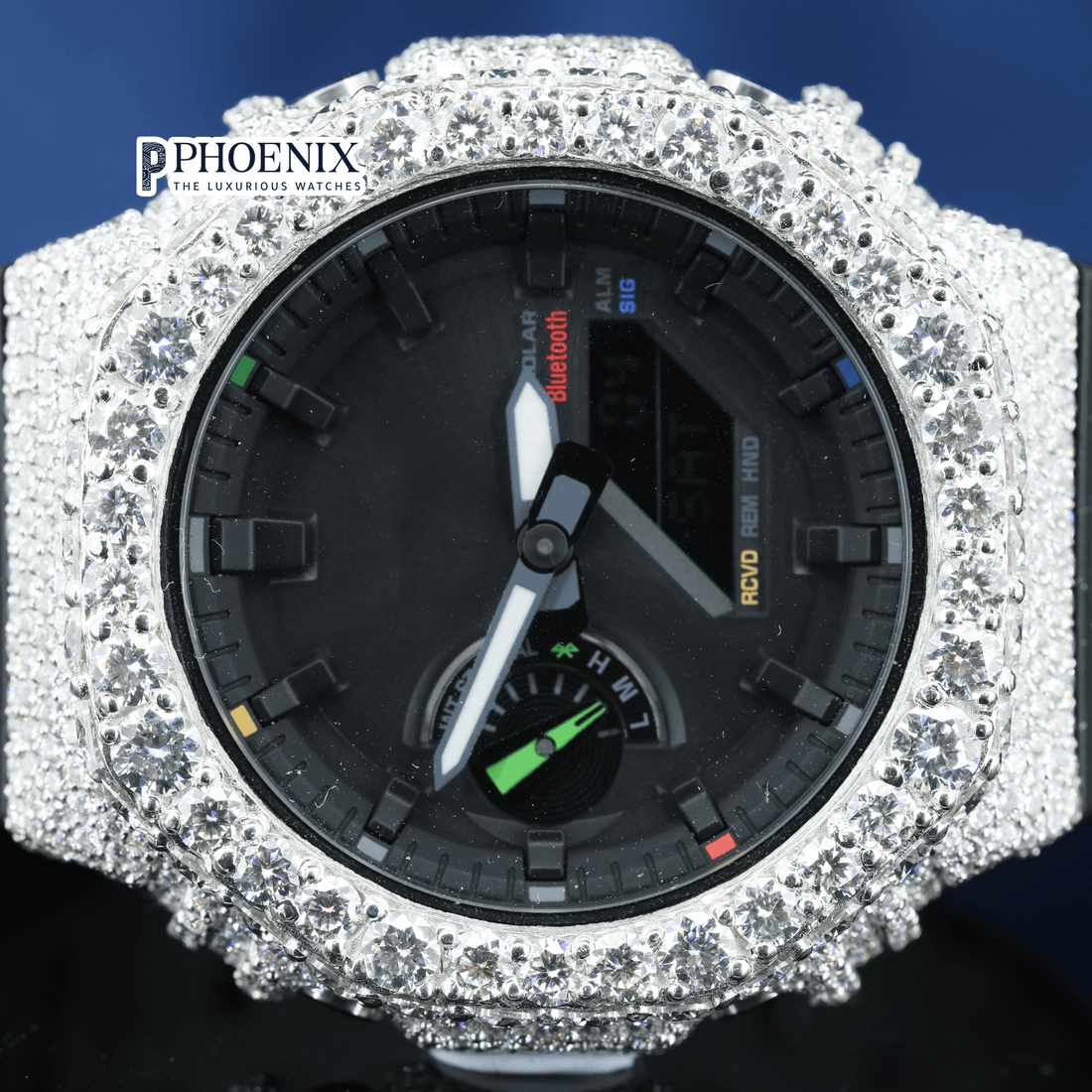 Custom Black Dial Iced Out Gshock Watch with Black Strap and Multicolor Markers