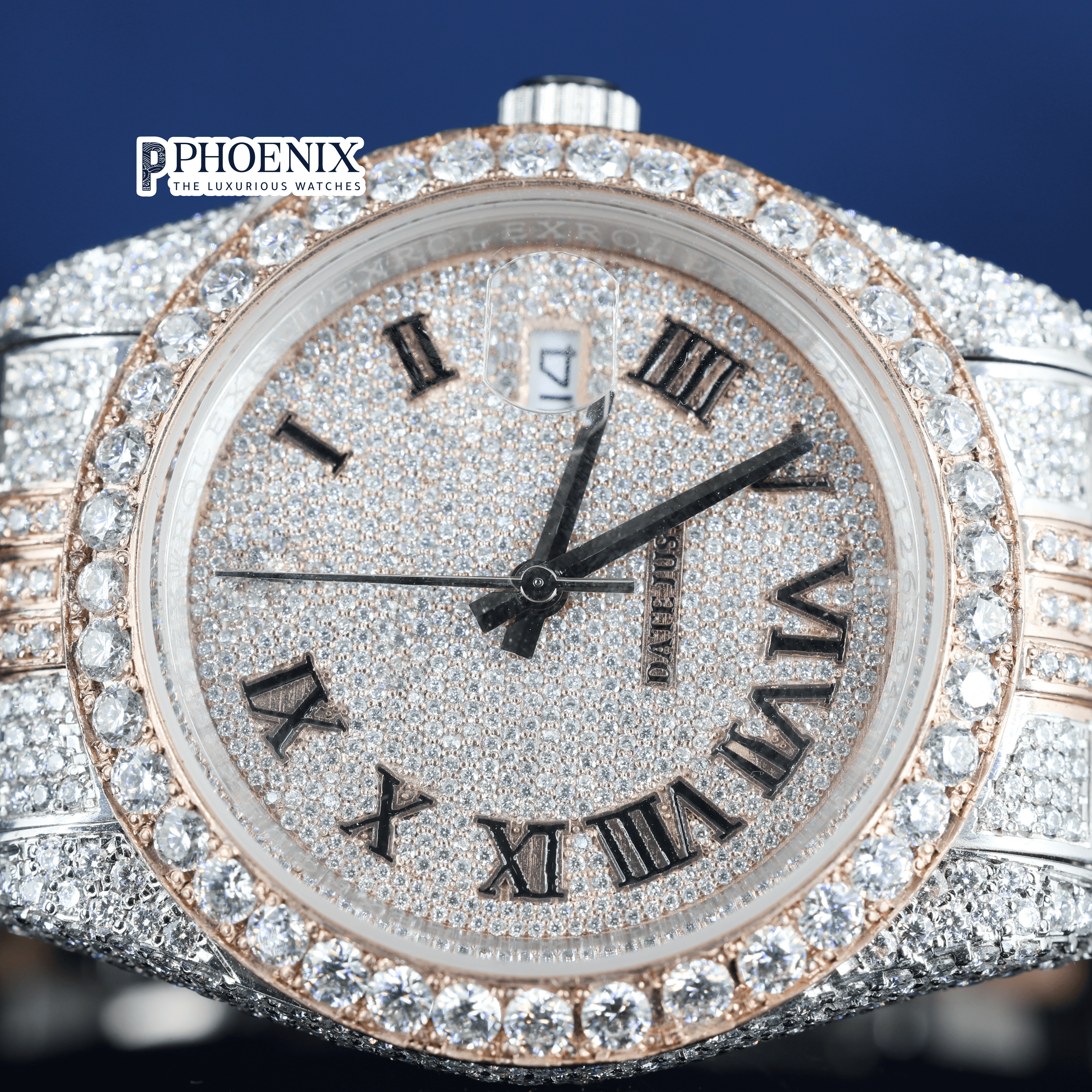 Rose Gold Dial Roman Numerals Fully Iced Out Moissanite Diamond Rolex Watch