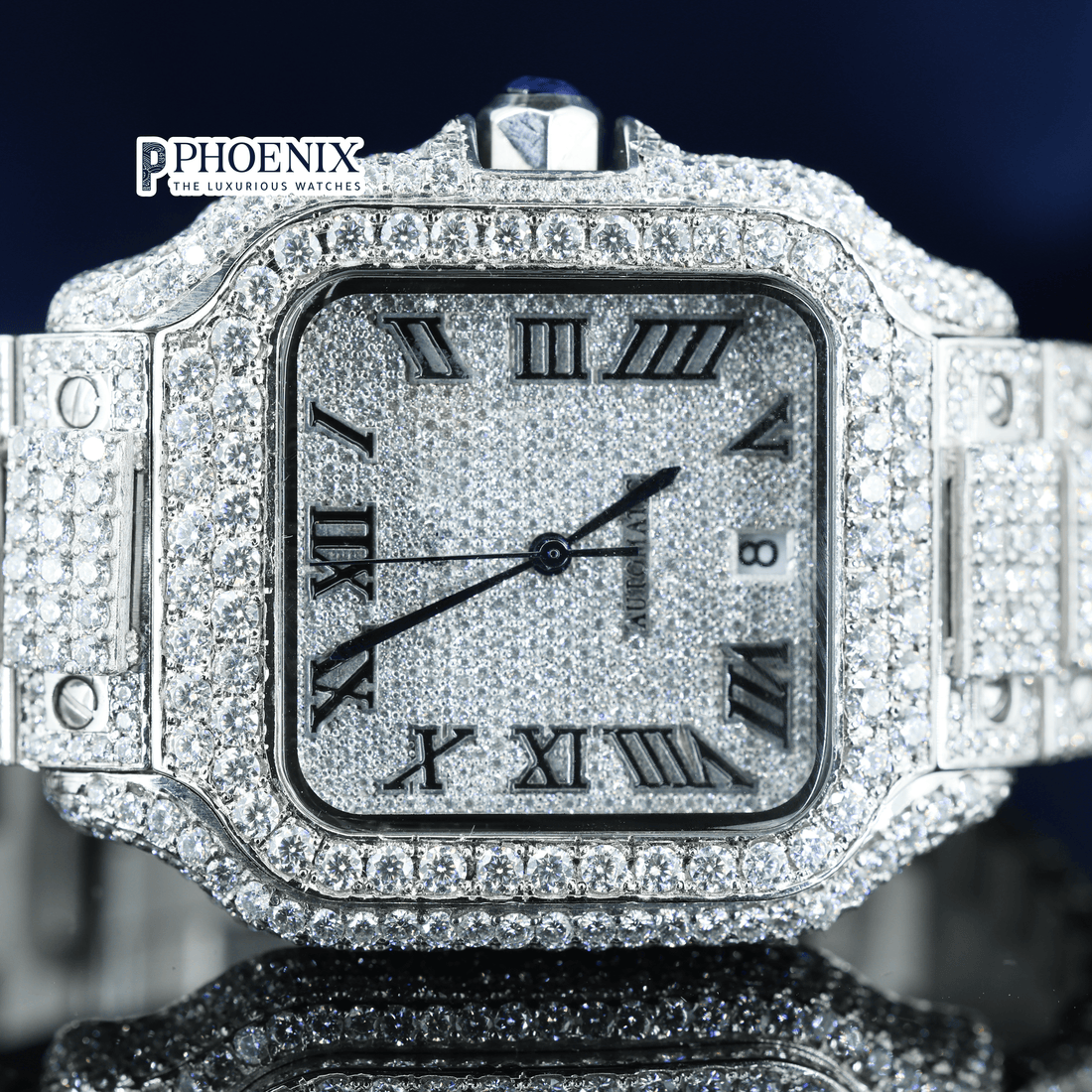 Black Roman Numerals Dial Block Link Strap Moissanite Cartier Watch