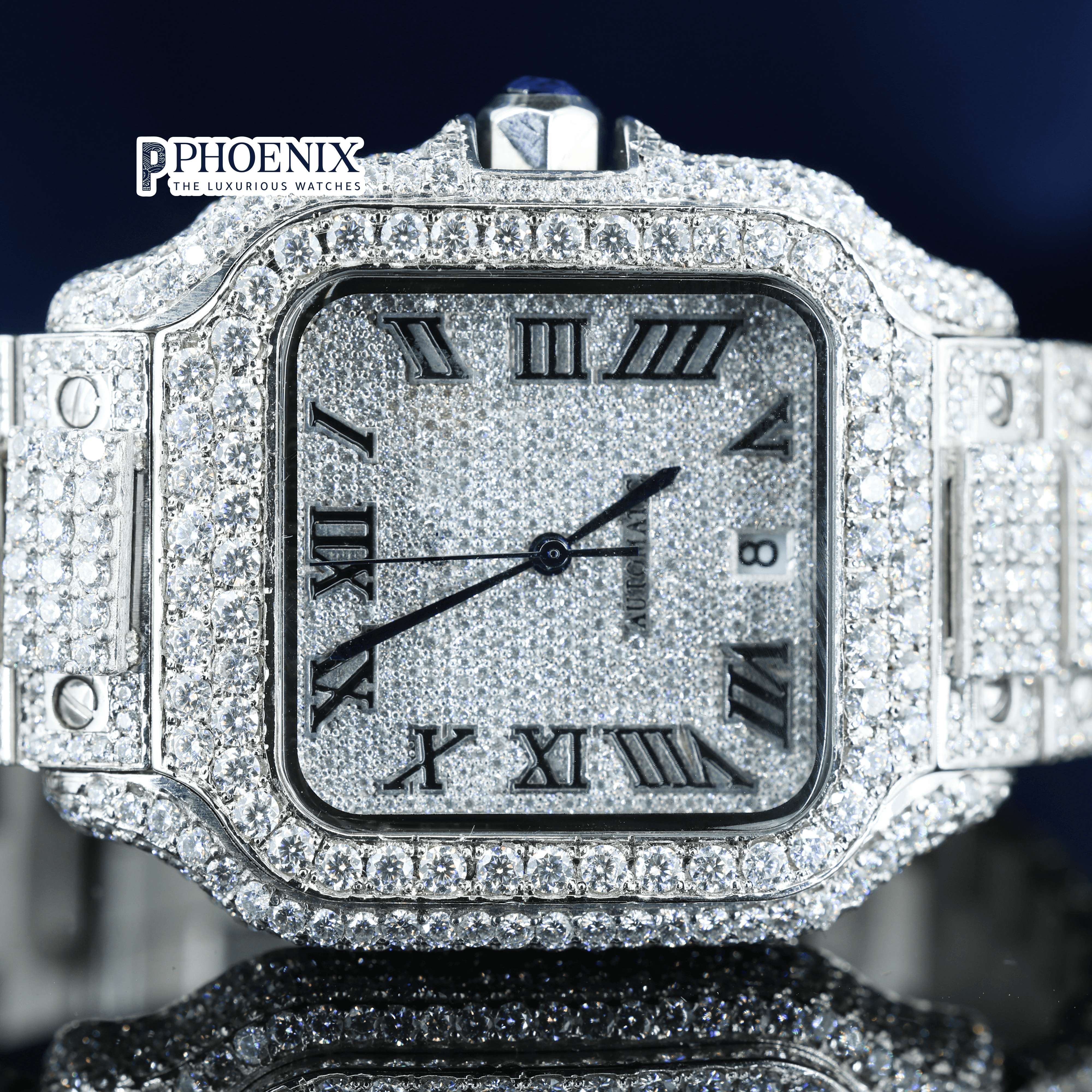 Black Roman Numerals Dial Block Link Strap Moissanite Cartier Watch