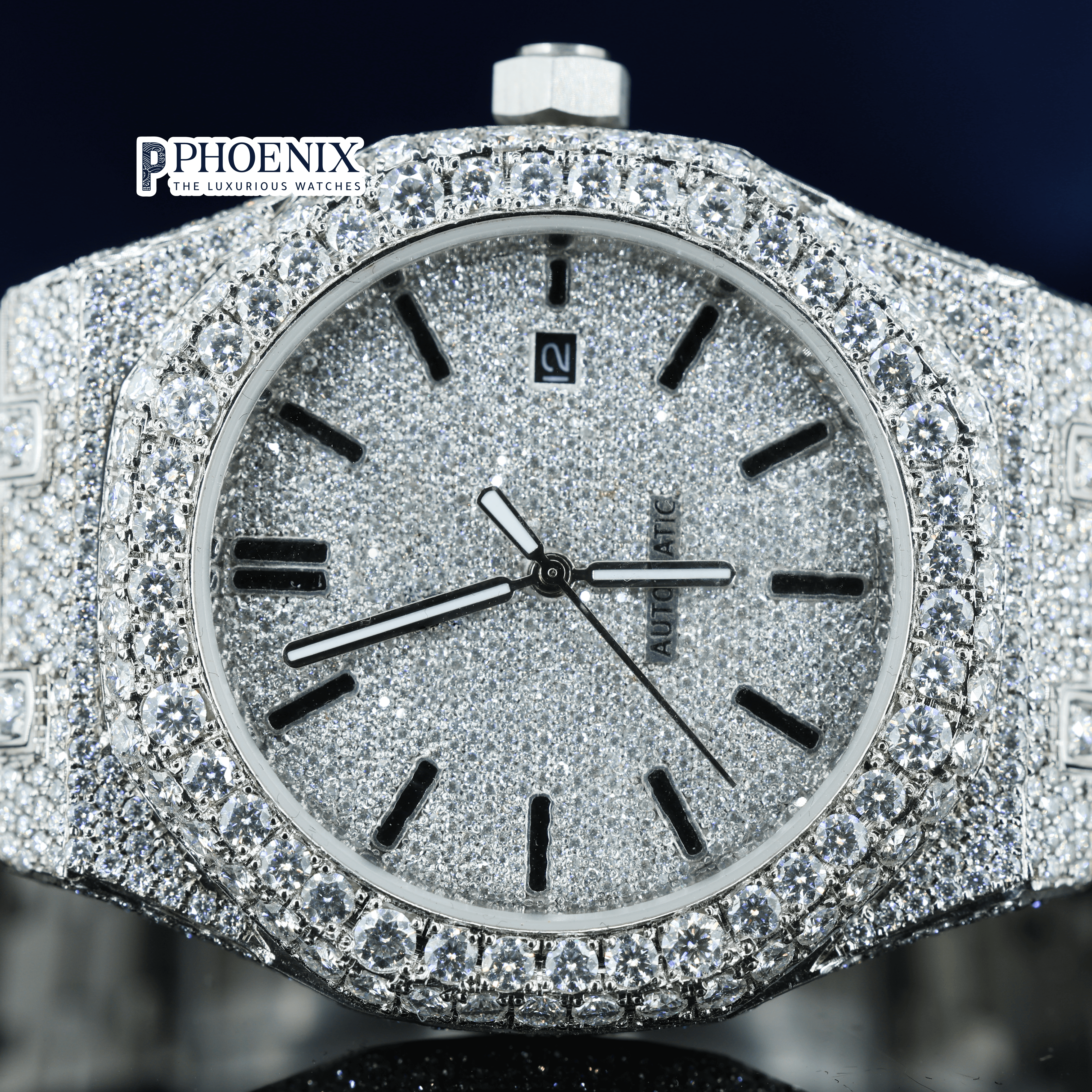 Stick Markers White Dial Fully Iced Out Moissanite Diamond AP Watch