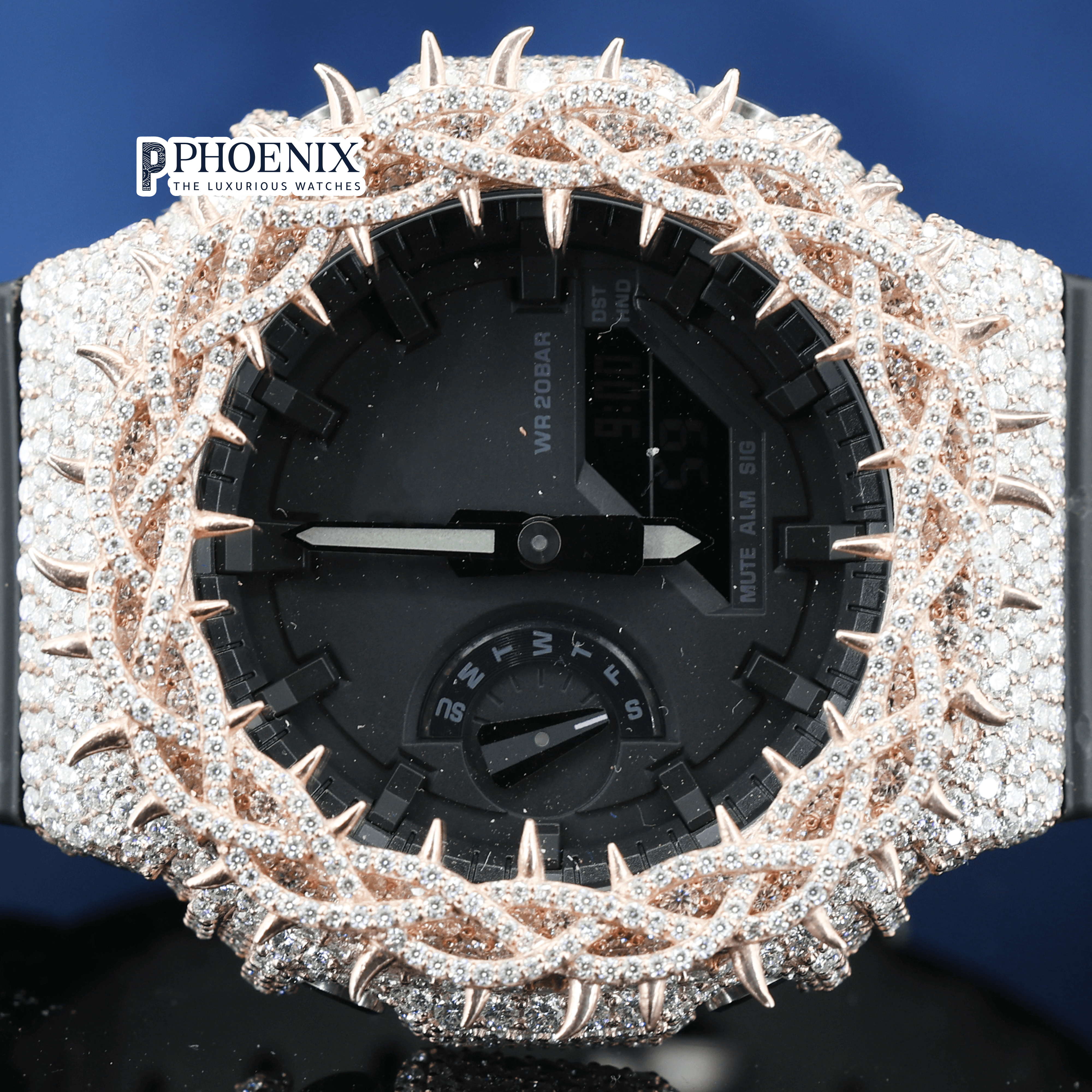 Custom Black Dial Iced Out Rose Gold Thorn Gshock Watch with Black Strap