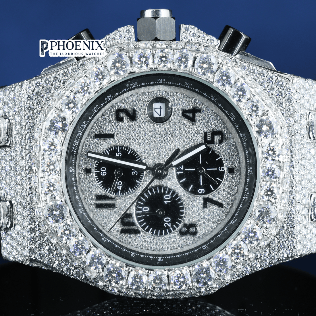 White Dial Chronograph Black Rubber Strap Semi Iced Out AP Moissanite Watch