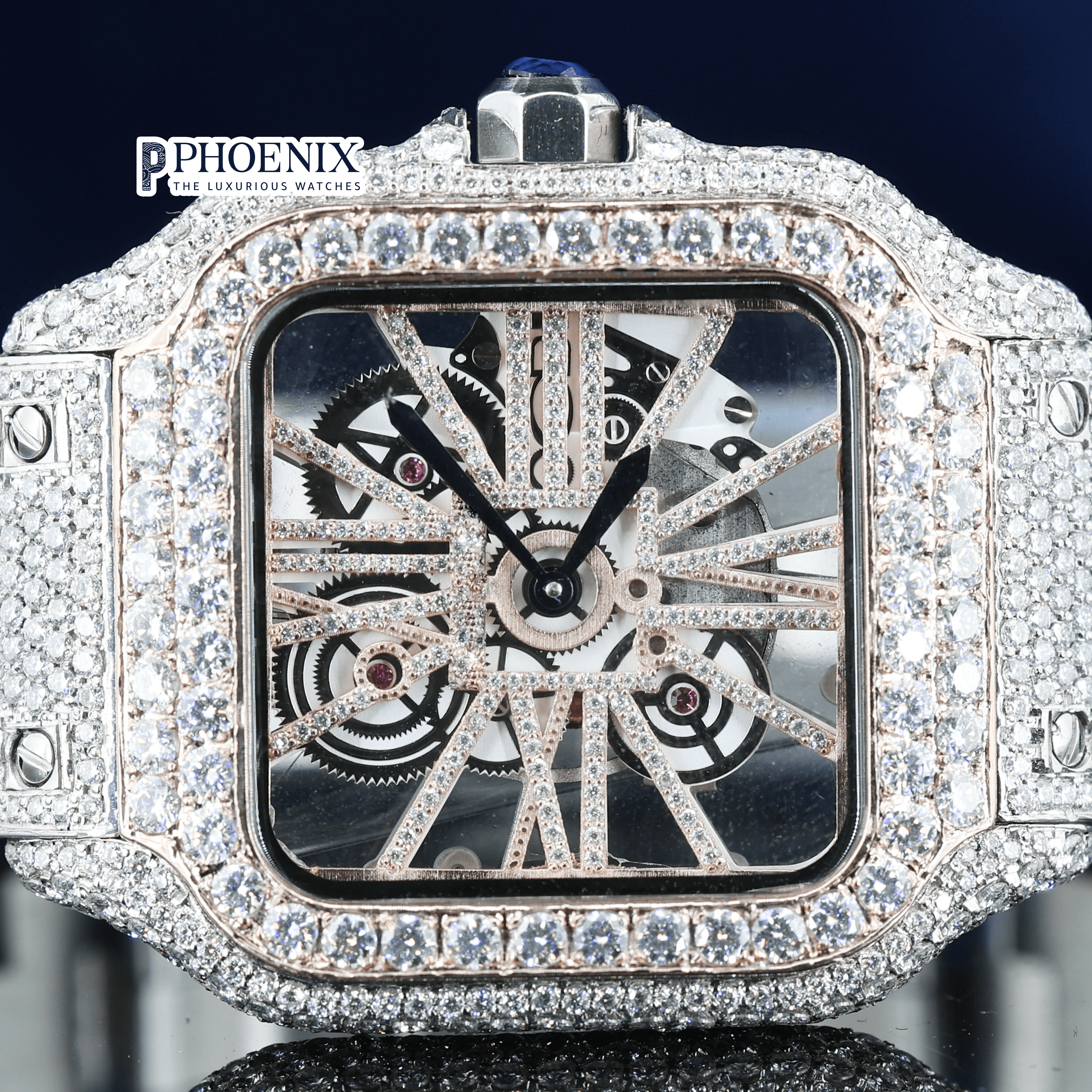 Rose Gold Skeleton Dial Two Tone Moissanite Diamond Cartier Watch