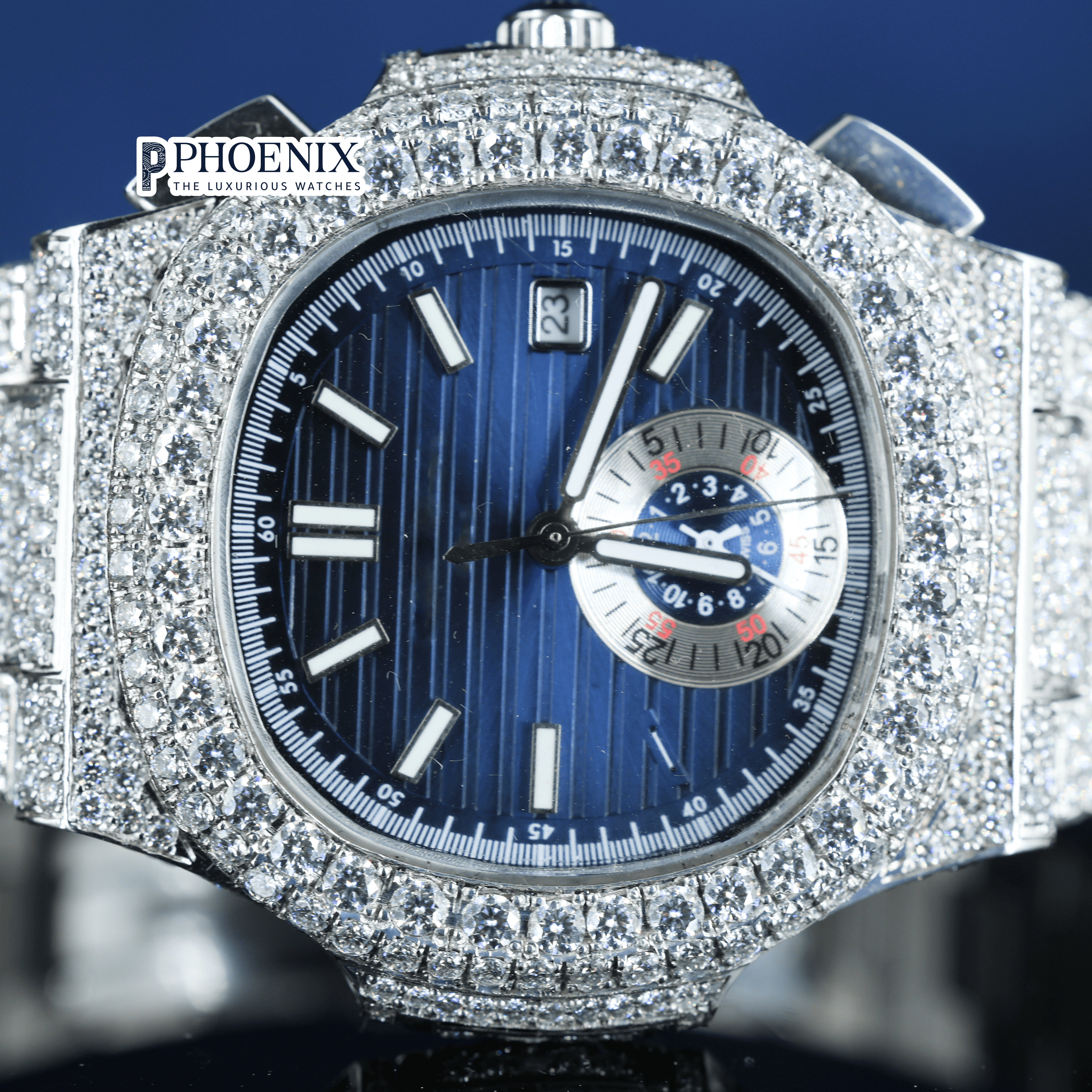 Patek Philippe Blue Dial Watch Moissanite Diamonds