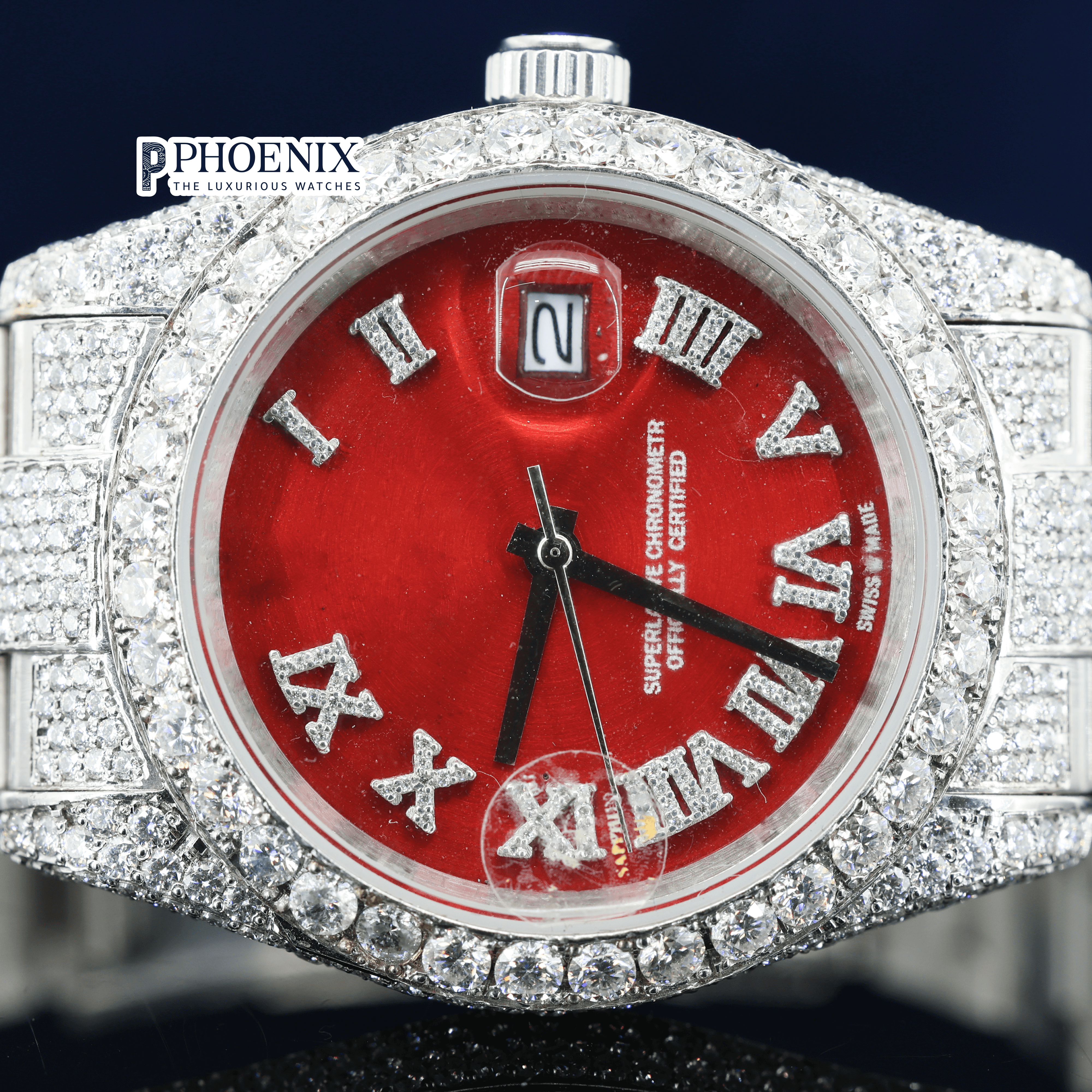 Iced Out Red Dial Roman Numerals Moissanite Diamond Rolex Watch