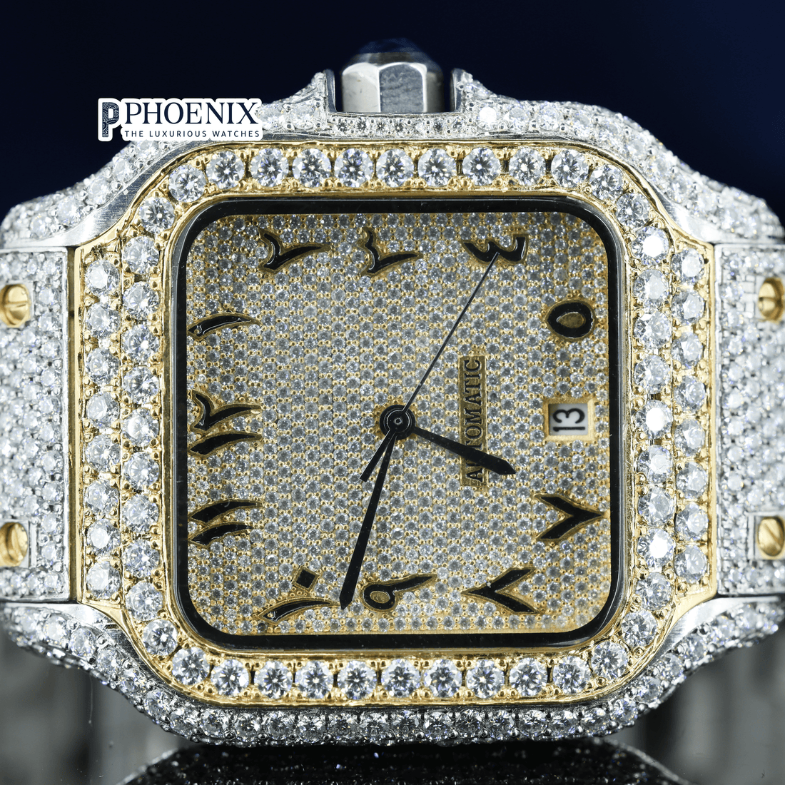 Two Tone Yellow Gold Dial Arabic Numerals Fully Iced Out Moissanite Cartier Watch