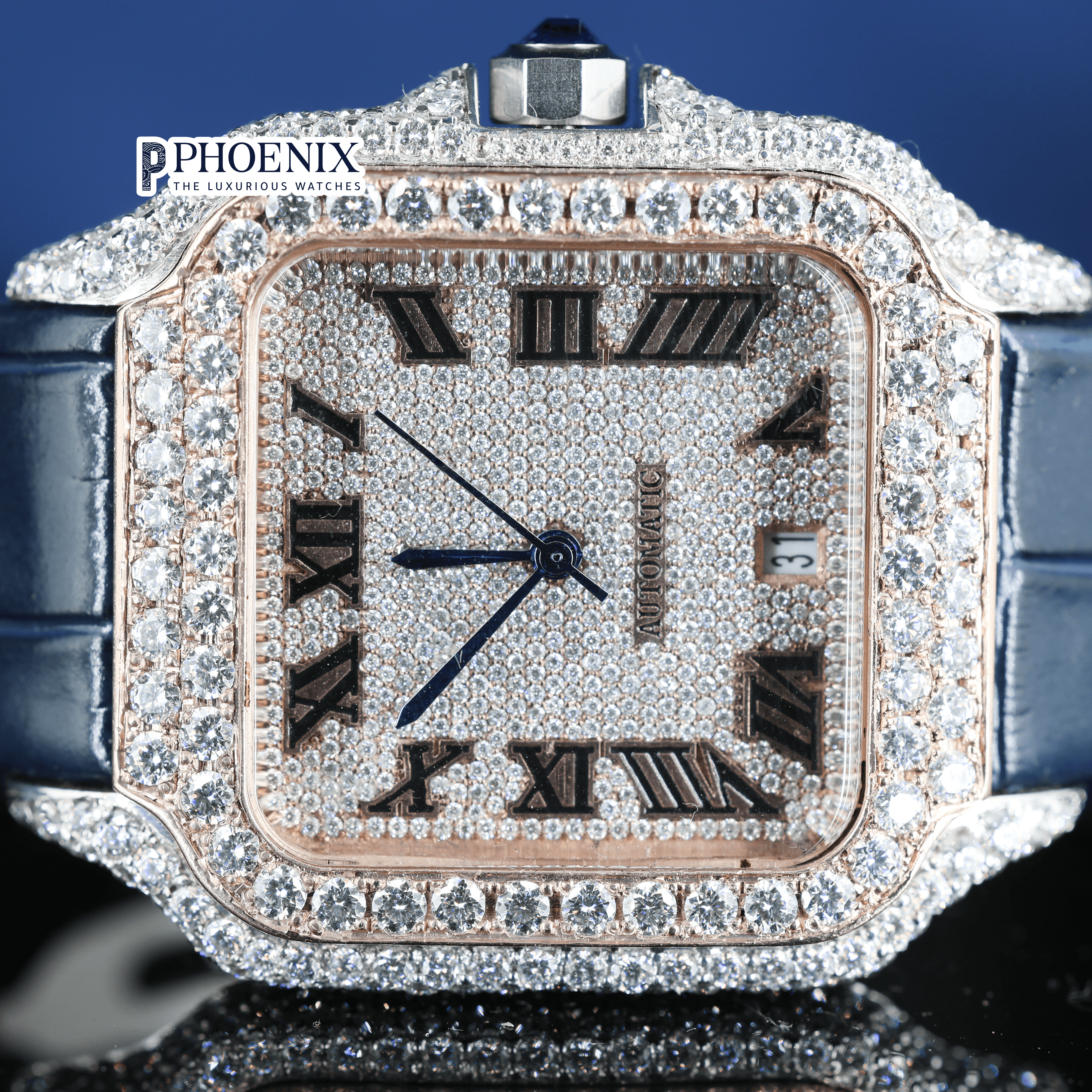 Rose Gold Roman Dial Semi Iced Out Blue Leather Strap Moissanite Cartier Watch