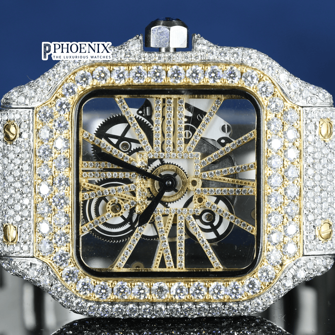 Yellow Gold Skeleton Dial Two Tone Diamond Bar Strap Moissanite Cartier Watch