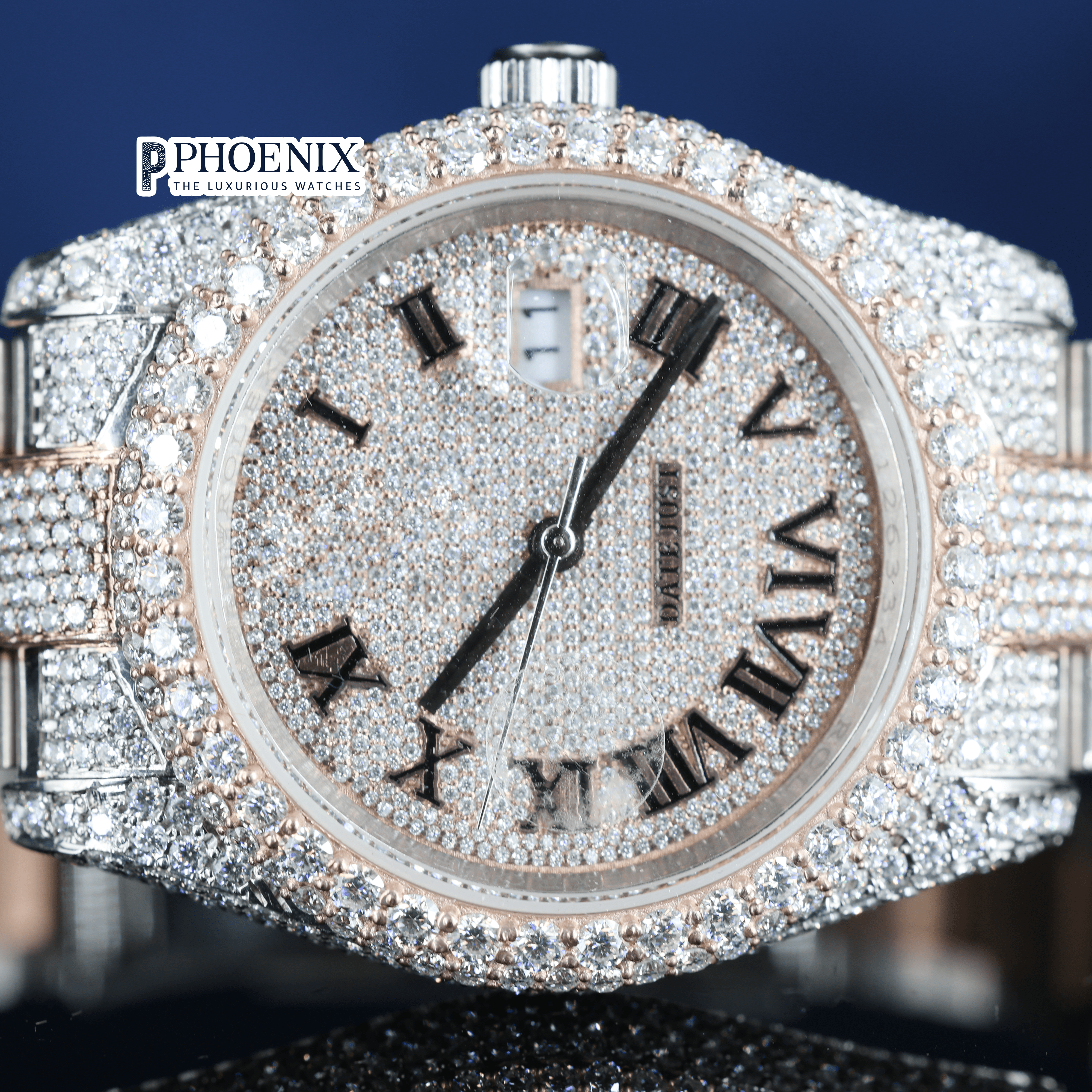 Rose Gold Roman Black Numerals Iced Out Moissanite Rolex Watch