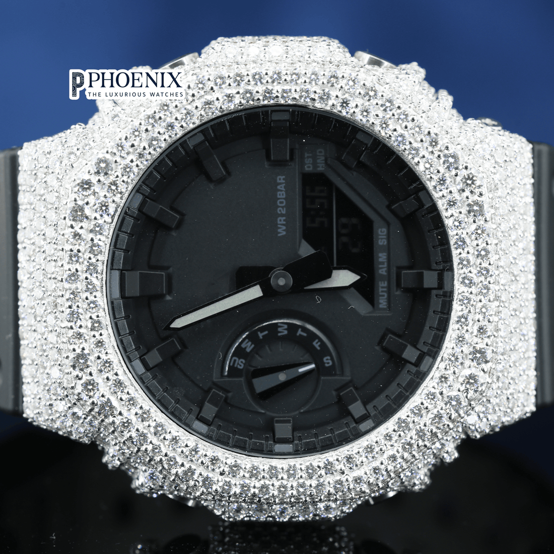 Custom Black Dial Iced Out White Gshock Watch with Black Strap
