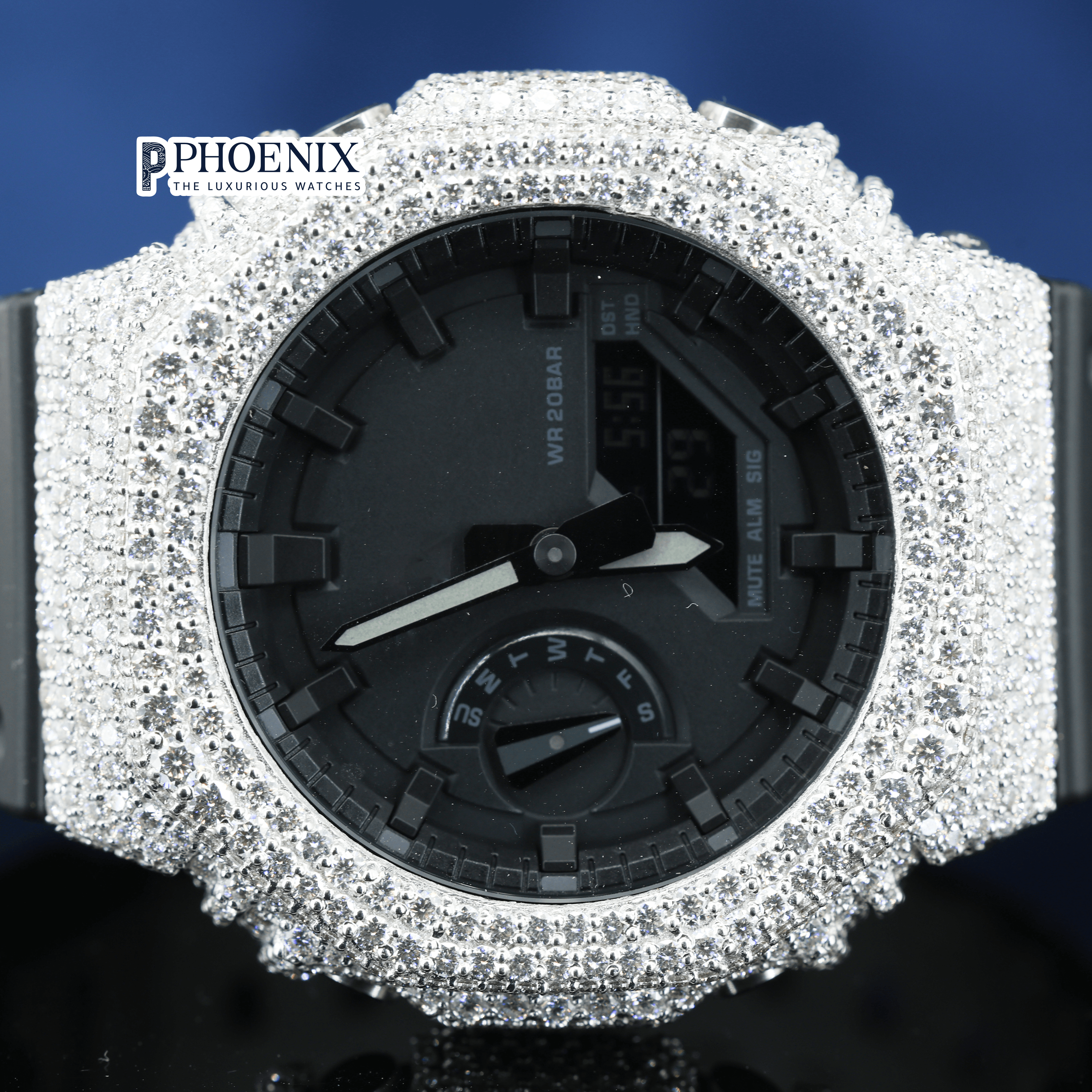 Custom Black Dial Iced Out White Gshock Watch with Black Strap