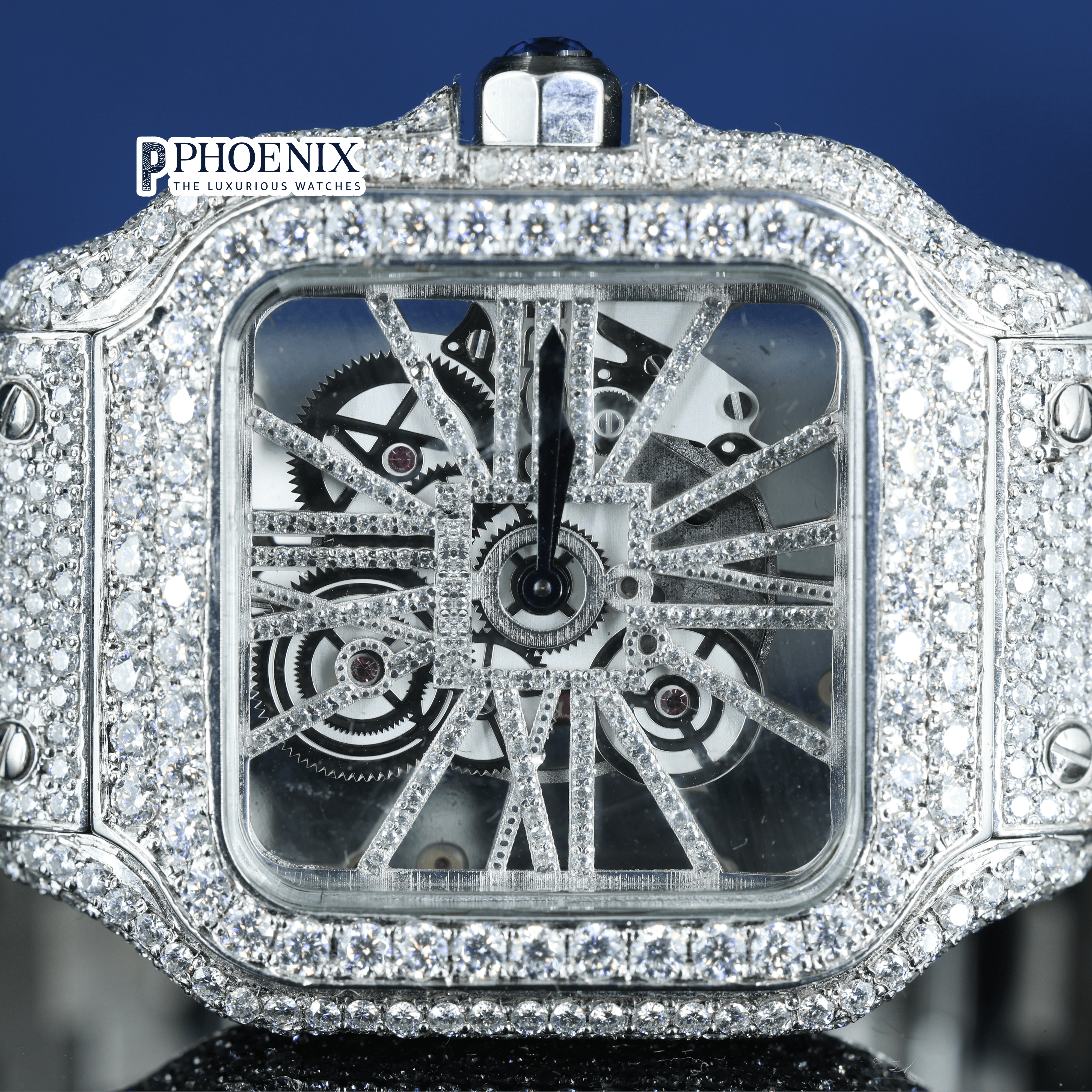 White Gold Skeleton Dial Diamond Bar Strap Moissanite Cartier Watch