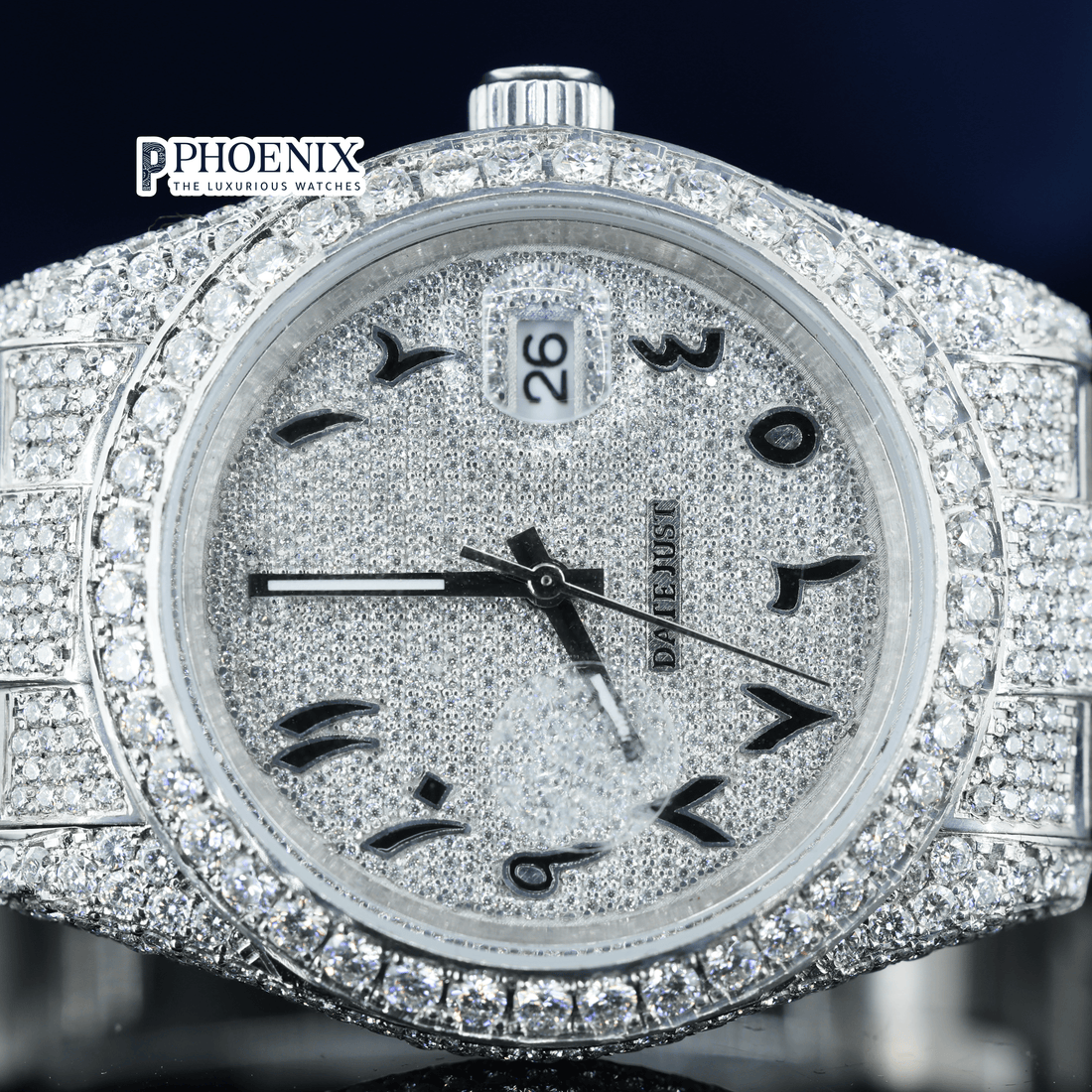 Rolex Diamond Bezel Arabic Dial Fully Iced Out Moissanite Watch