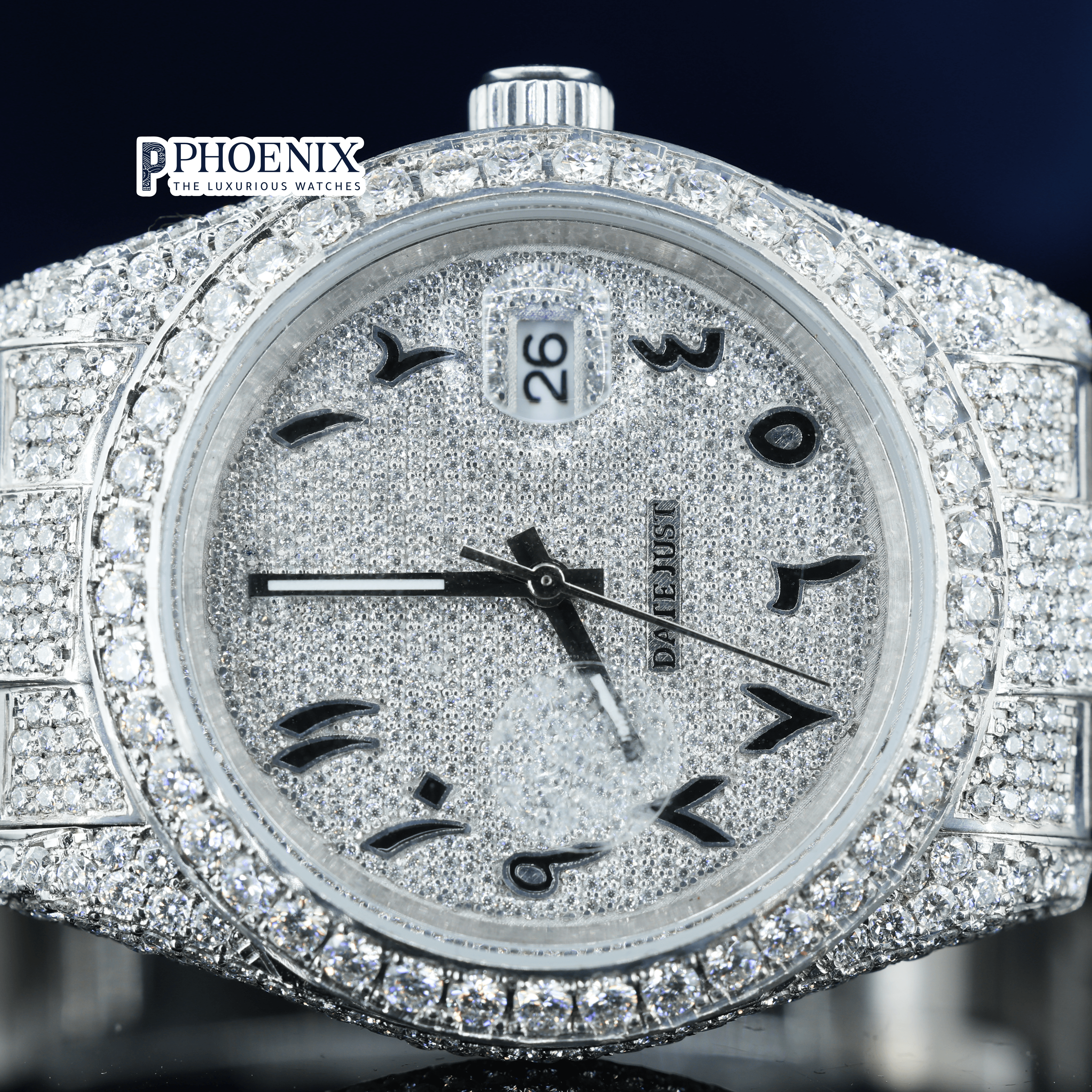 Rolex Diamond Bezel Arabic Dial Fully Iced Out Moissanite Watch