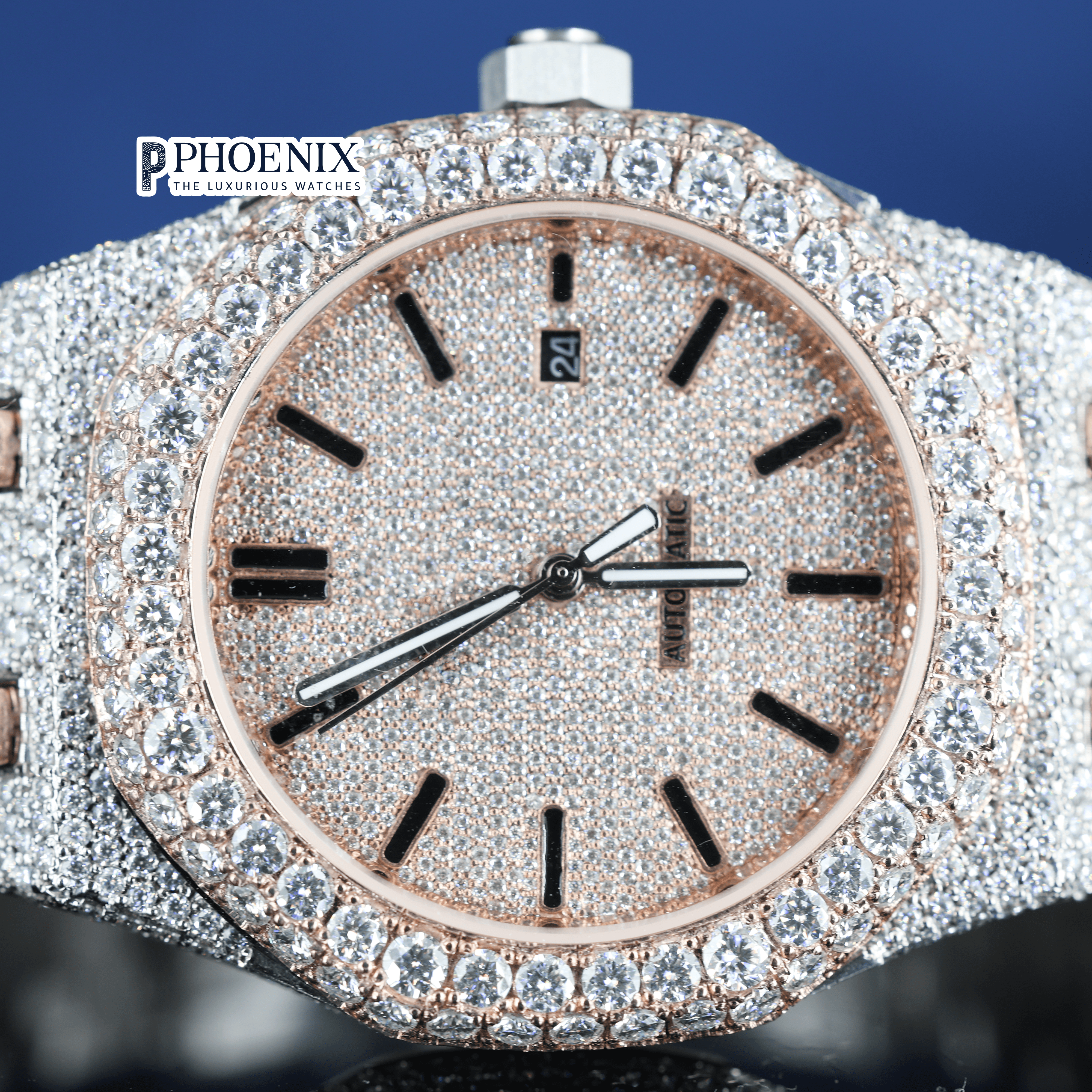 Rose Gold Dial Fully Iced Out Moissanite Diamond AP Watch