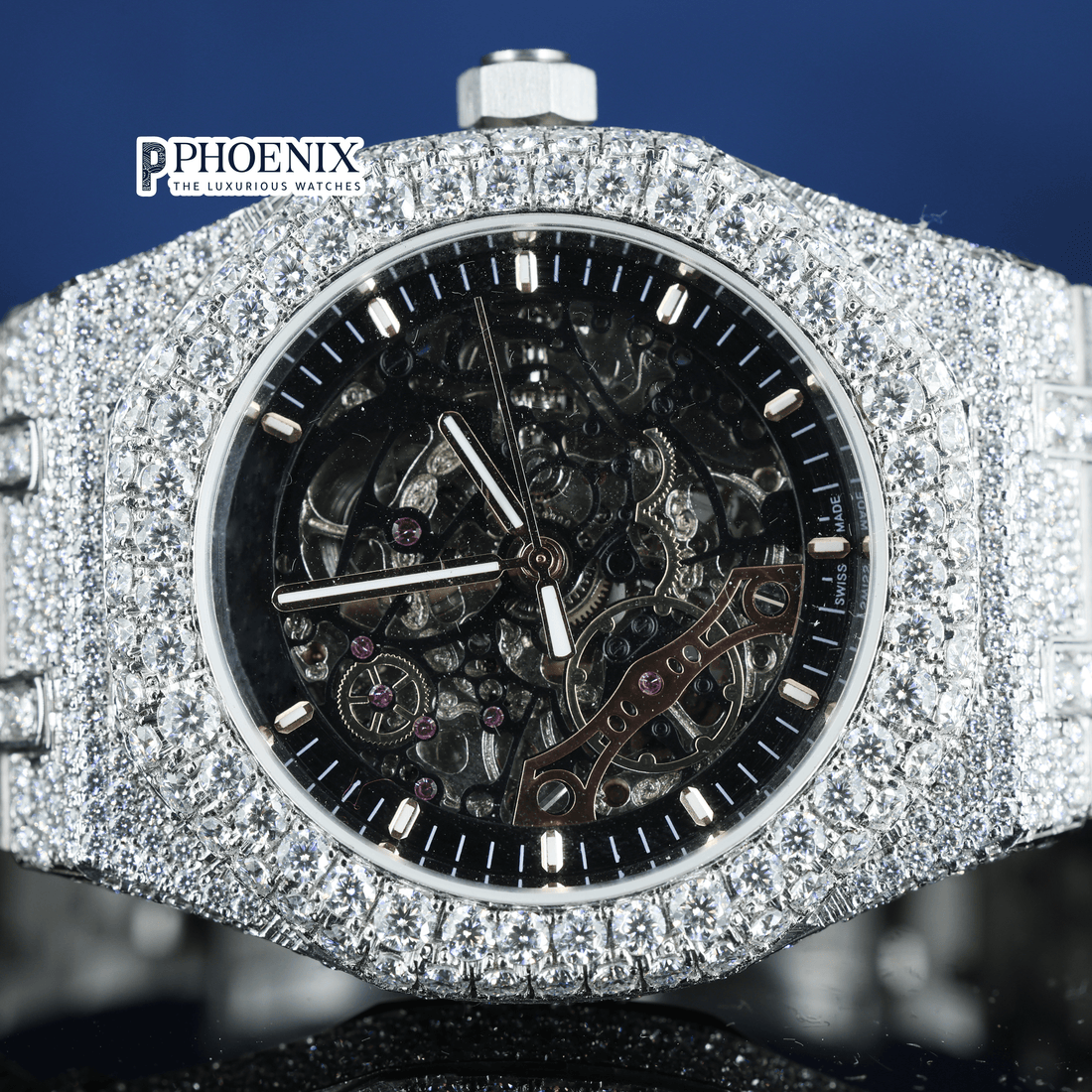 AP Skeleton Black Dial Iced Out Moissanite Diamond Watch