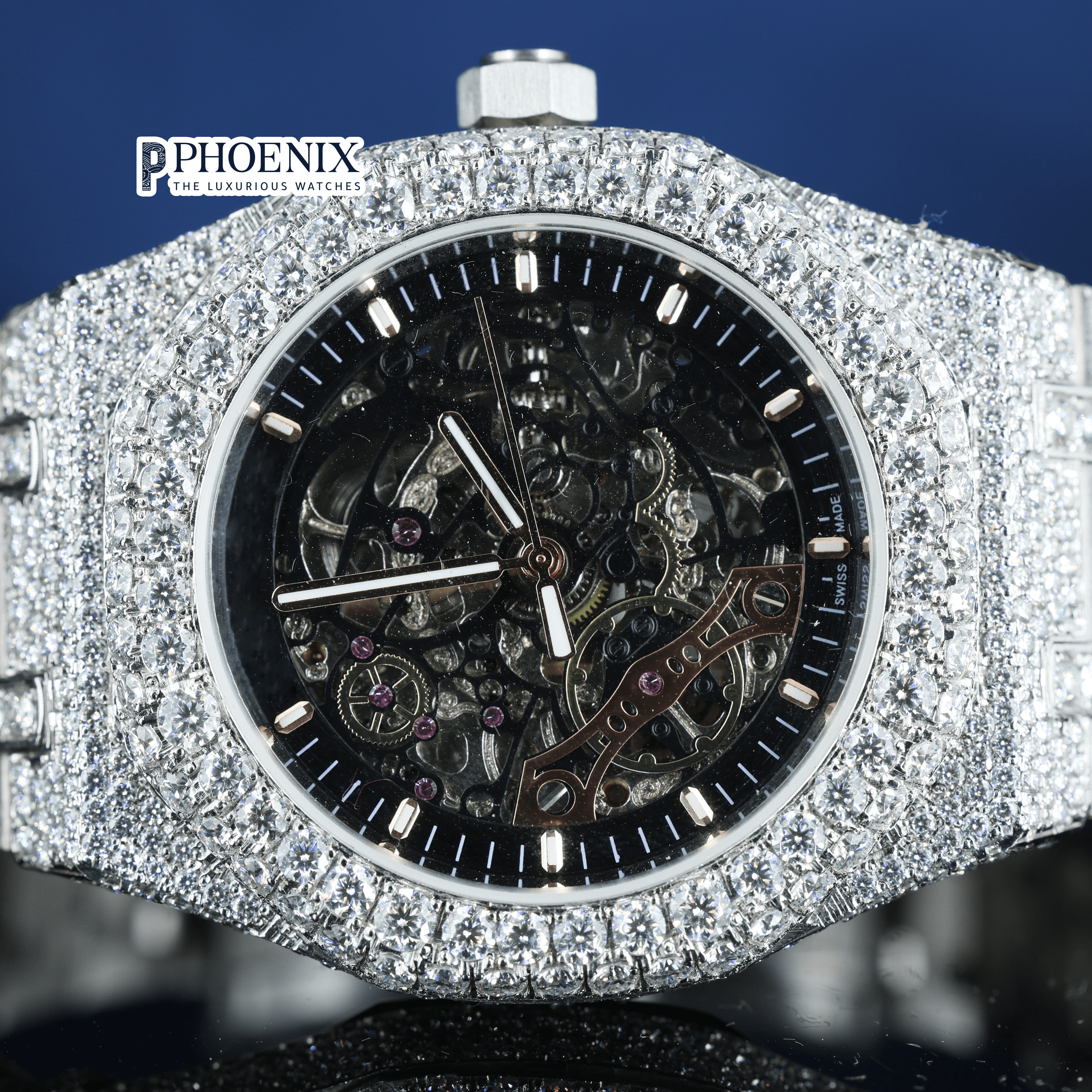 AP Skeleton Black Dial Iced Out Moissanite Diamond Watch