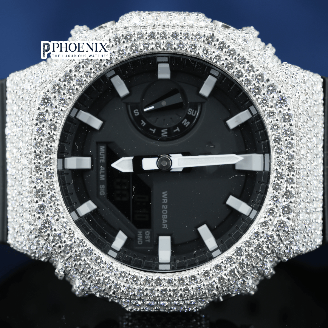 Custom Black Dial Iced Out White Gshock Watch with Black Strap and White Markers