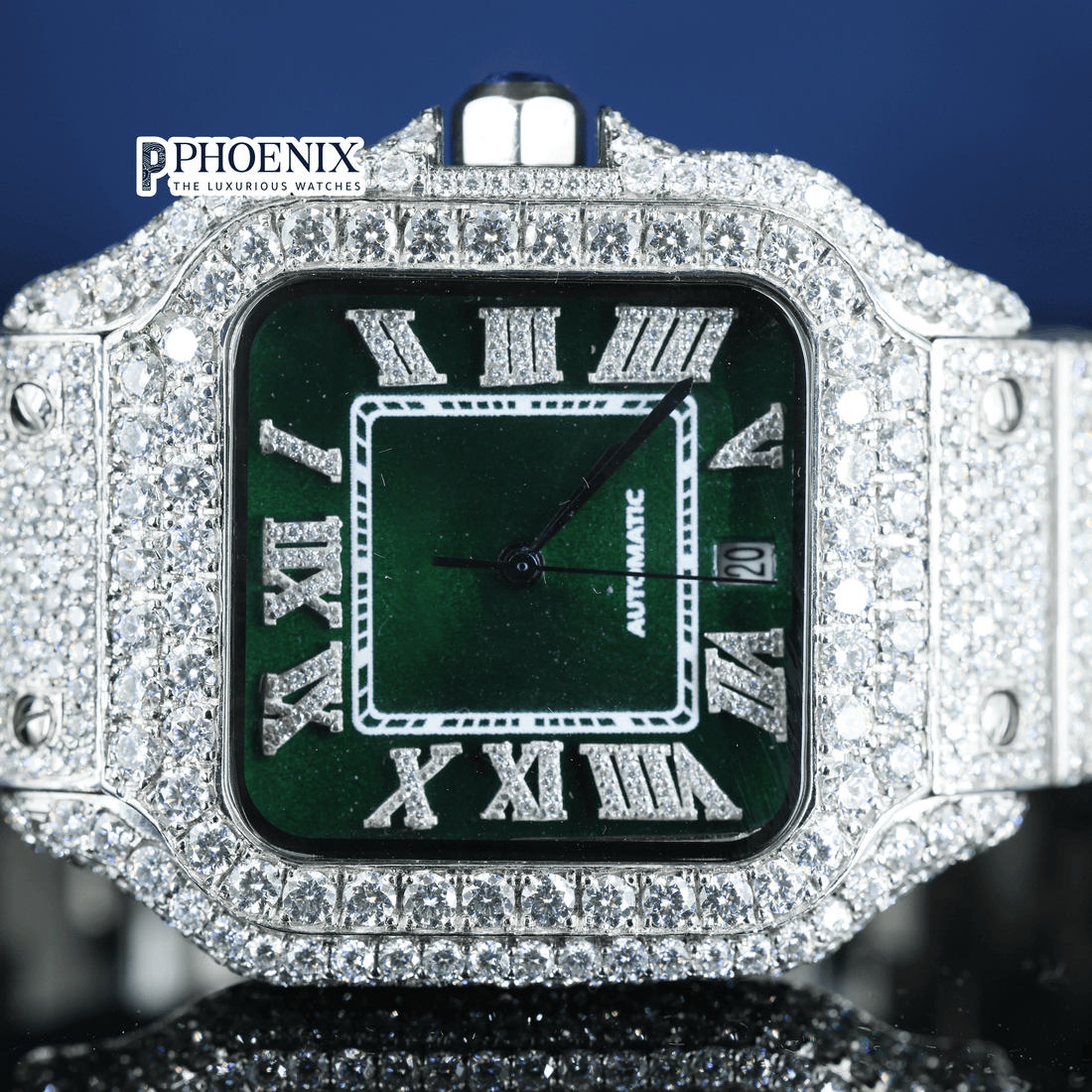 Green Dial Roman Numerals Fully Iced Out Moissanite Diamond Cartier Watch
