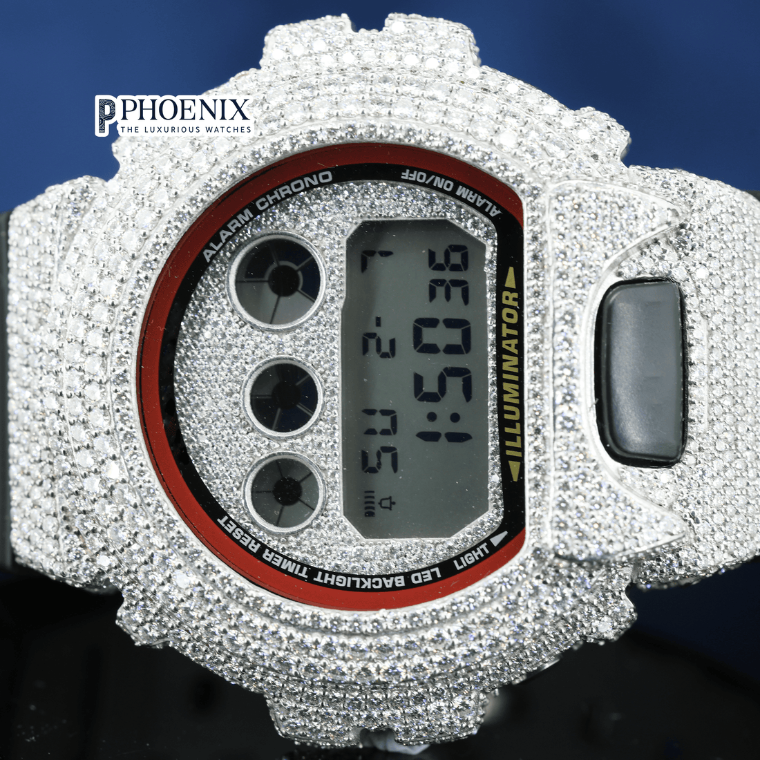 Custom Dial Iced Out White Digital Gshock Watch with Black Strap