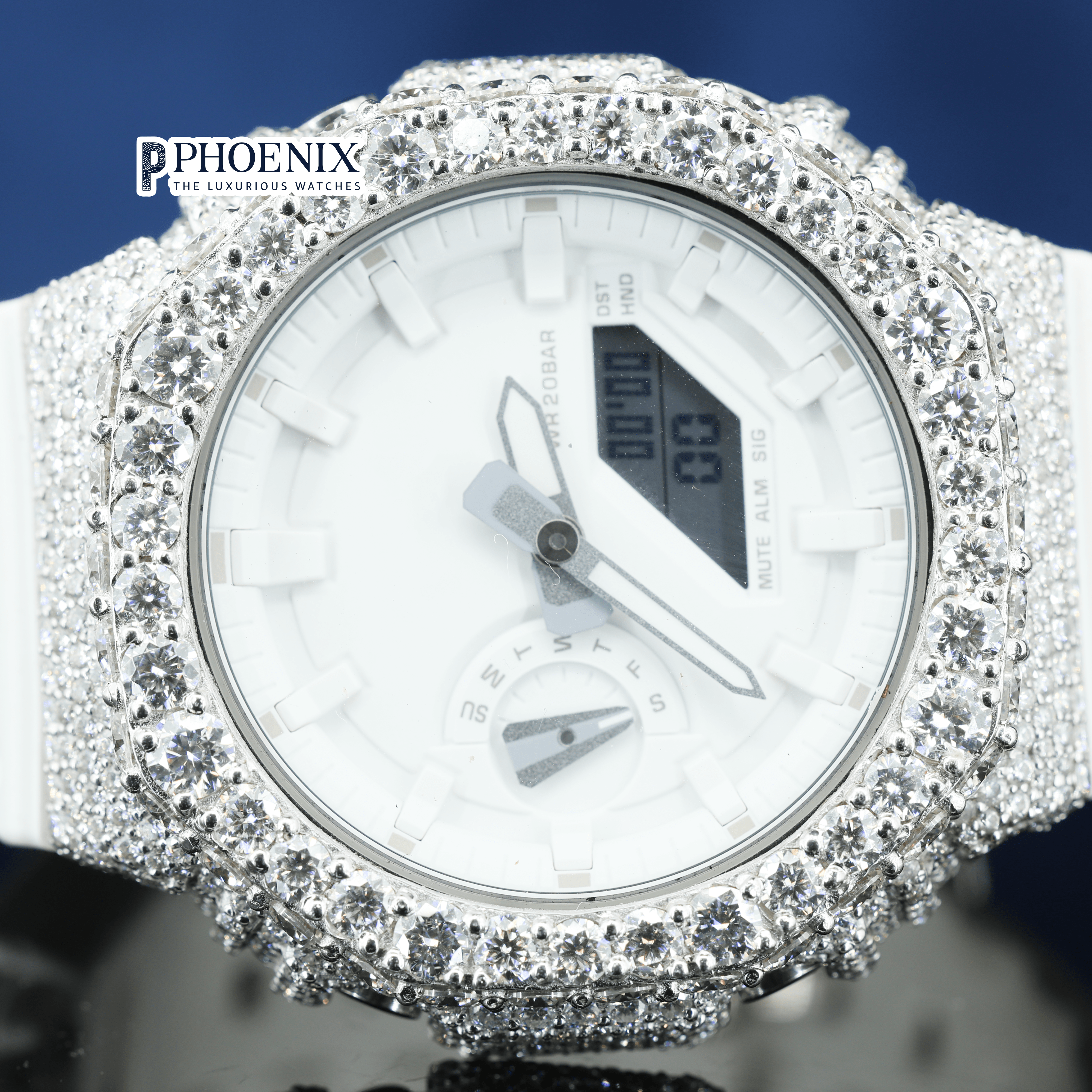 Custom Dial Iced Out White Gshock Watch with White Strap