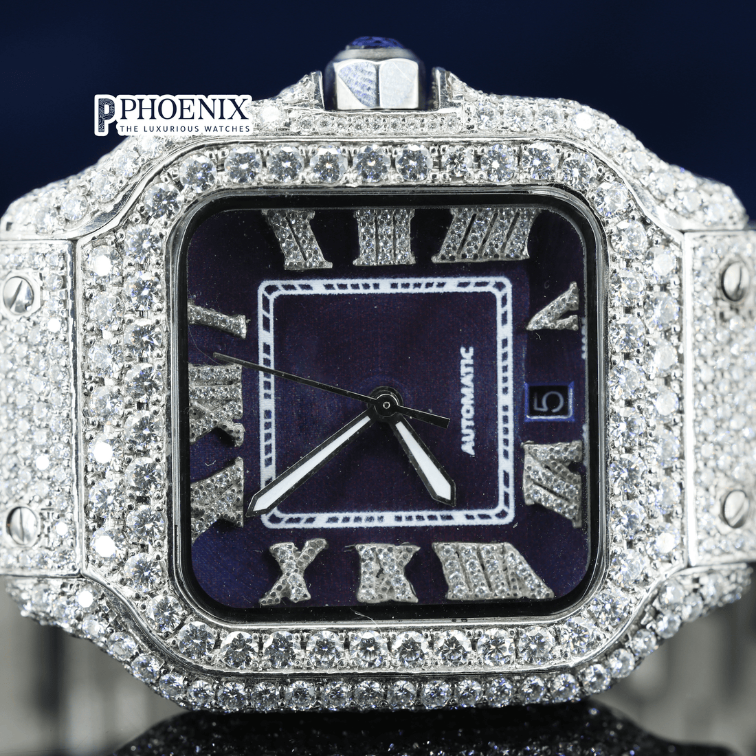 Roman Numerals Purple Dial Fully Iced Out Moissanite Diamond Cartier Watch