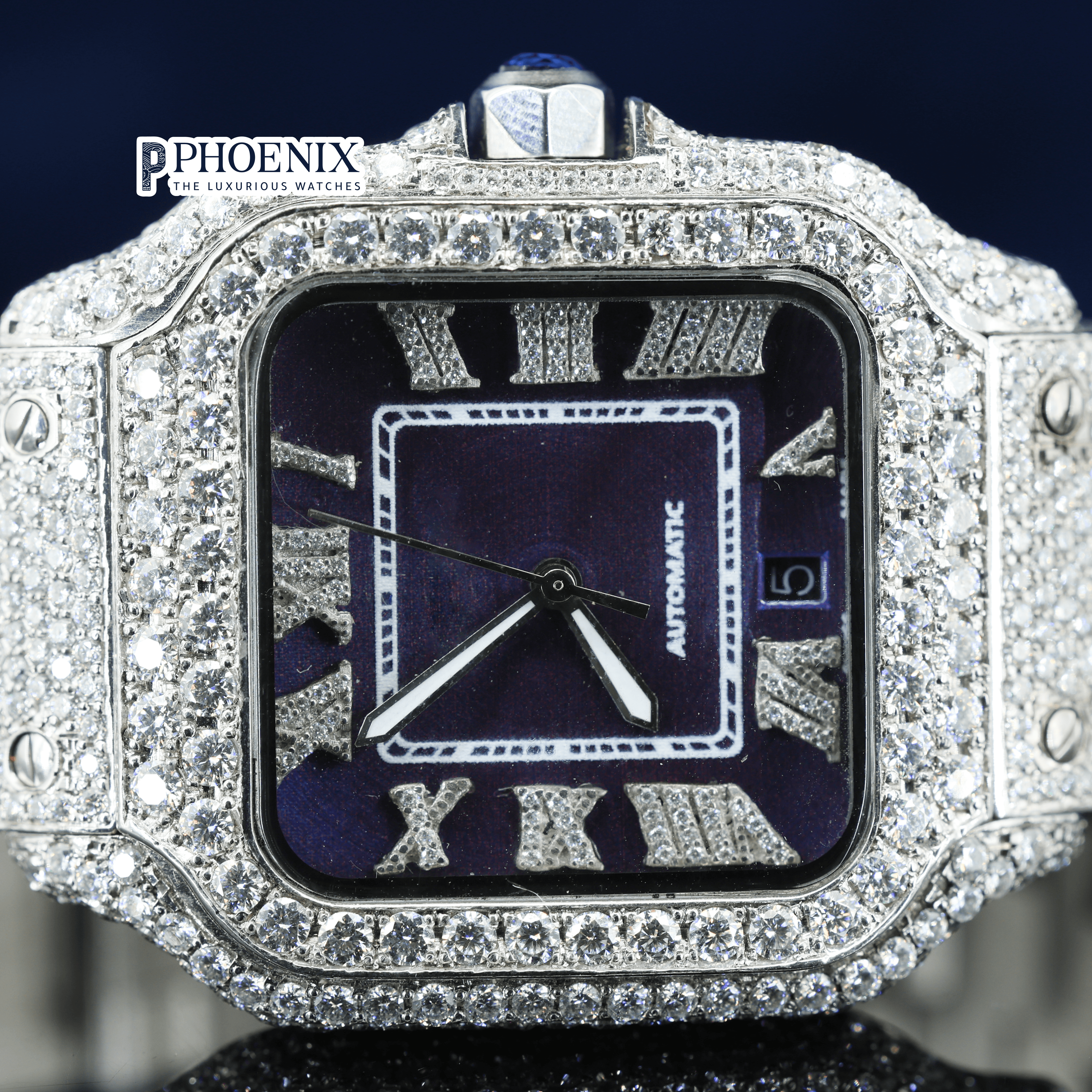 Roman Numerals Purple Dial Fully Iced Out Moissanite Diamond Cartier Watch