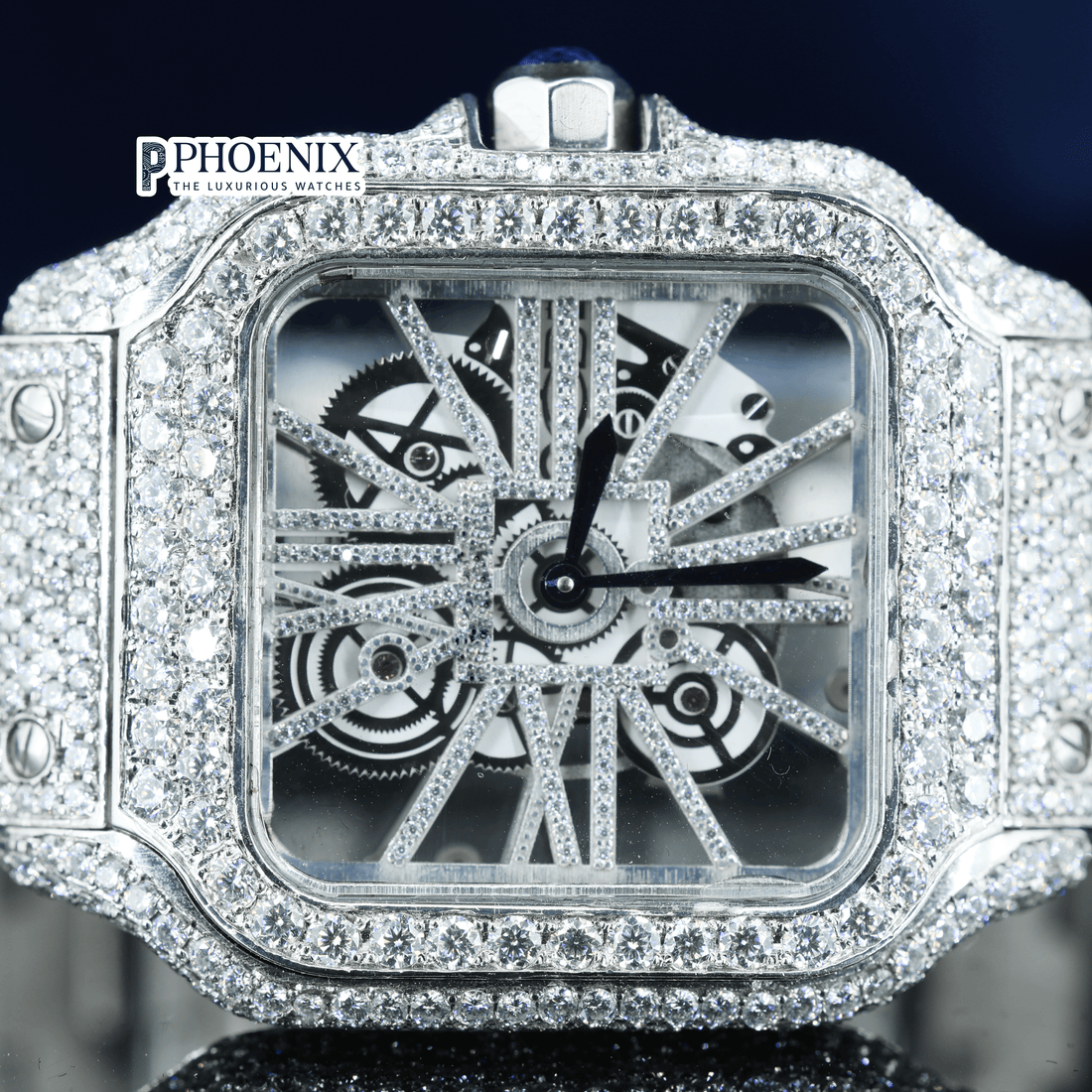 White Gold Fully Iced Out Skeleton Dial Moissanite Diamond Cartier Watch